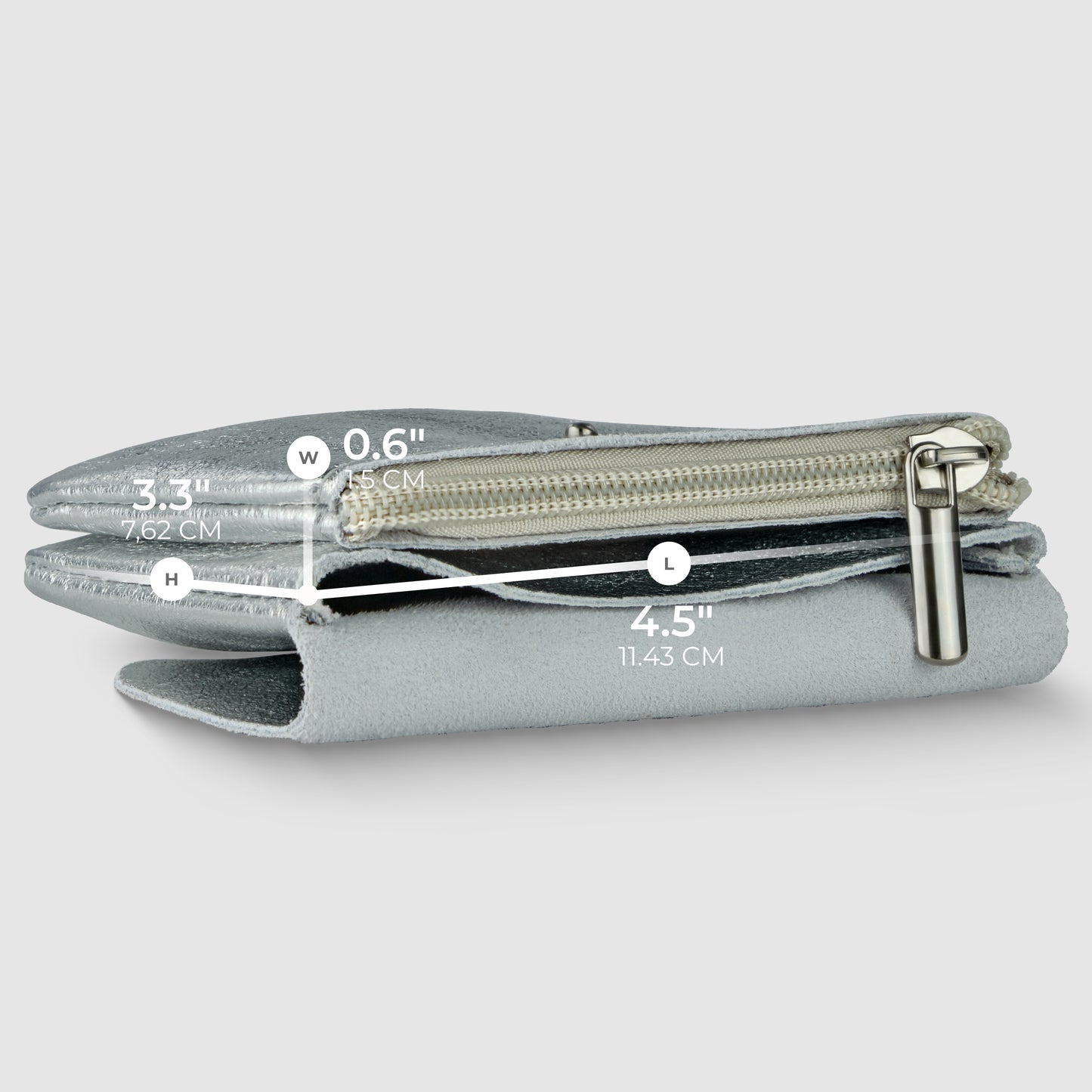 A gray zippered pouch in Gleam Suede Leather is shown folded, with dimensions labeled: 3.3 (8.38 cm) wide, 0.6 (1.52 cm) high, and 4.5 (11.43 cm) long on a light gray background—an understated piece of quiet luxury.