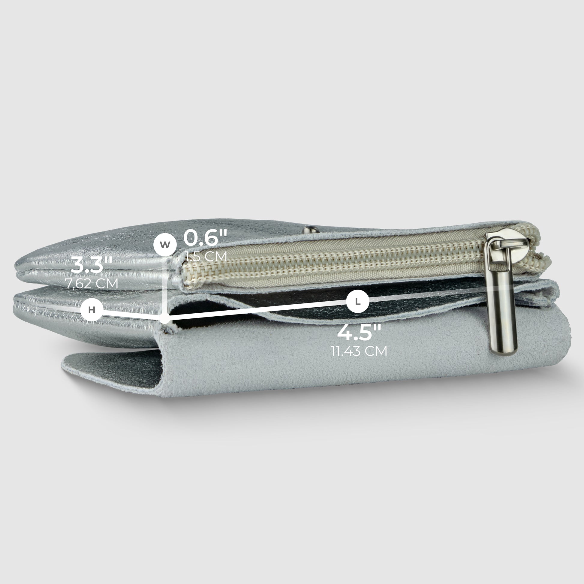 A gray zippered pouch in Gleam Suede Leather is shown folded, with dimensions labeled: 3.3 (8.38 cm) wide, 0.6 (1.52 cm) high, and 4.5 (11.43 cm) long on a light gray background—an understated piece of quiet luxury.