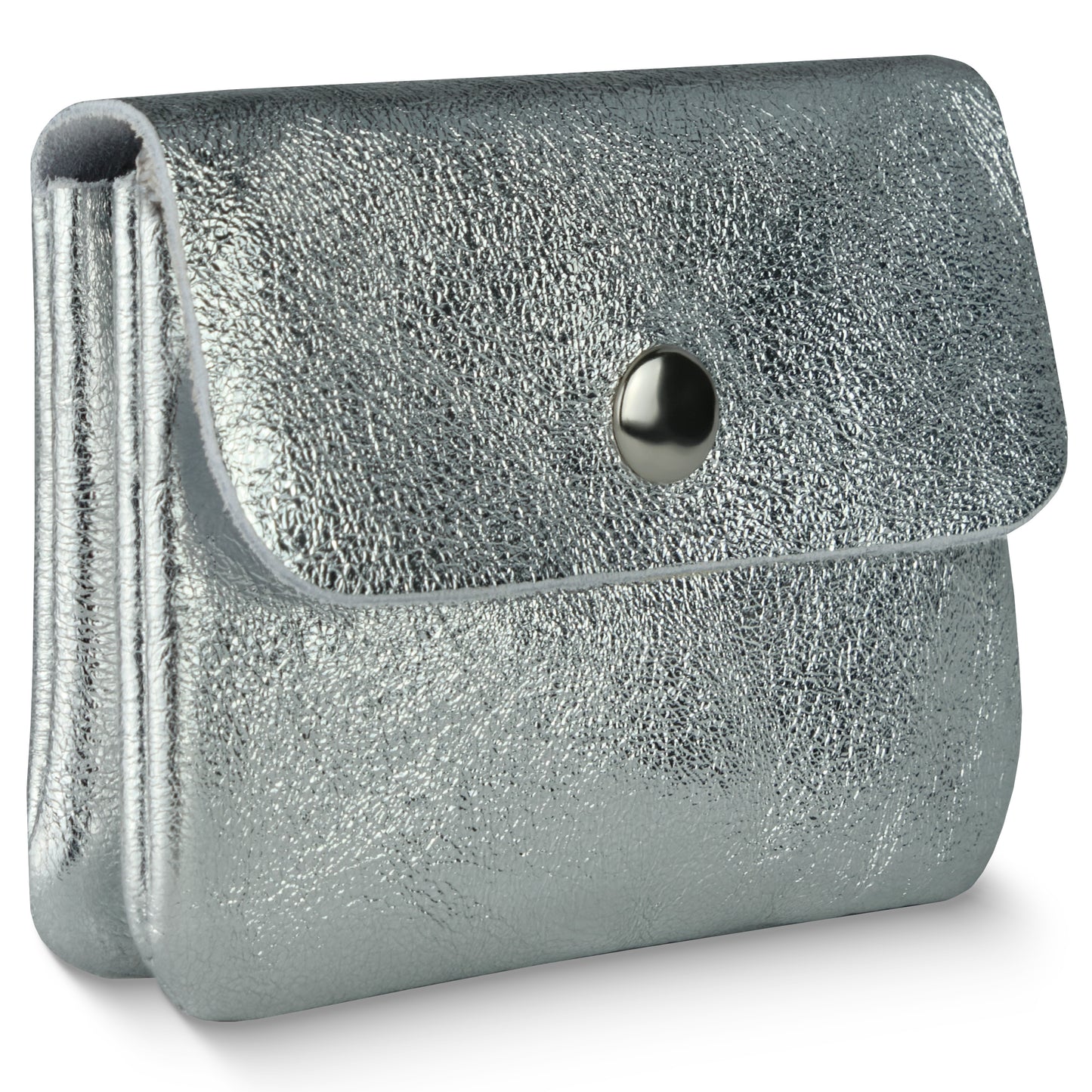 A small, metallic silver textured clutch purse with a flap closure, secured by a round silver button on the front—this compact women's wallet blends style and elegance for any occasion.