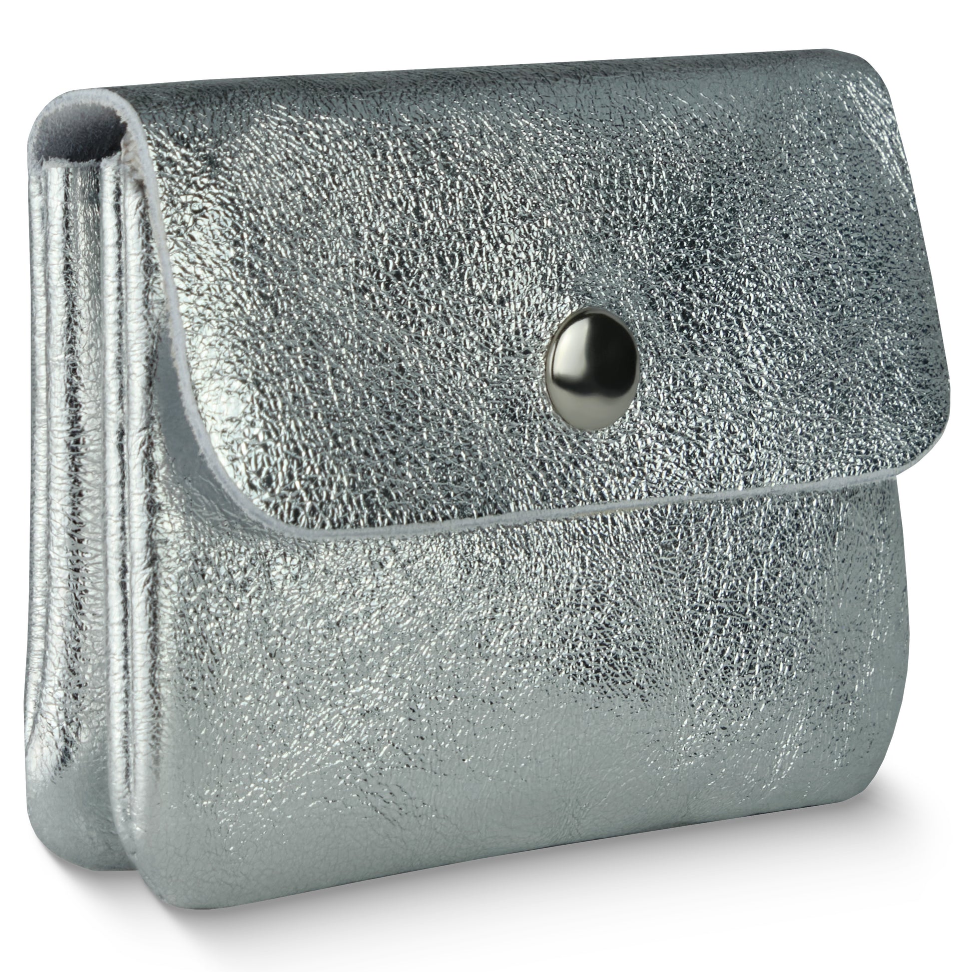 A small, metallic silver textured clutch purse with a flap closure, secured by a round silver button on the front—this compact women's wallet blends style and elegance for any occasion.