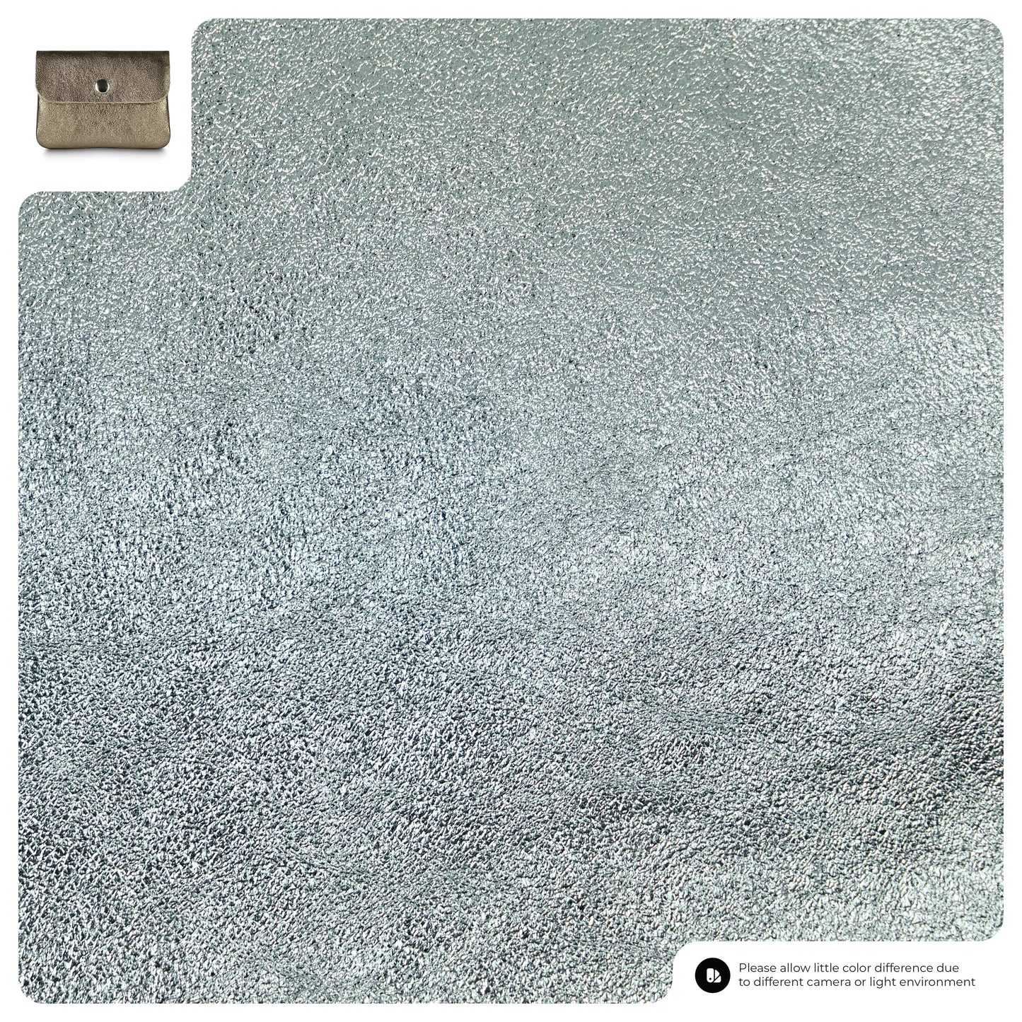 A close-up of a textured, metallic silver surface. In the top left corner, there is a compact women's wallet in tan, and in the bottom right, a notice about possible color differences due to camera or lighting.
