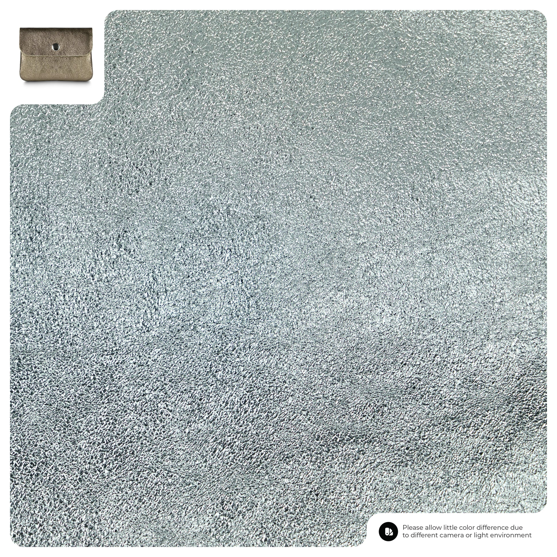 A close-up of a textured, metallic silver surface. In the top left corner, there is a compact women's wallet in tan, and in the bottom right, a notice about possible color differences due to camera or lighting.