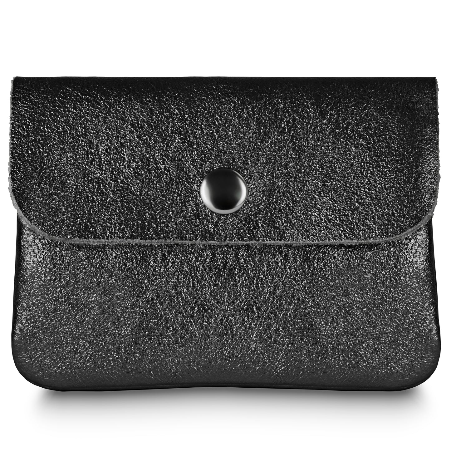 A small, textured metallic black leather pouch with a flap closure and a central black button snap, this women’s compact wallet exudes timeless elegance against a white background.