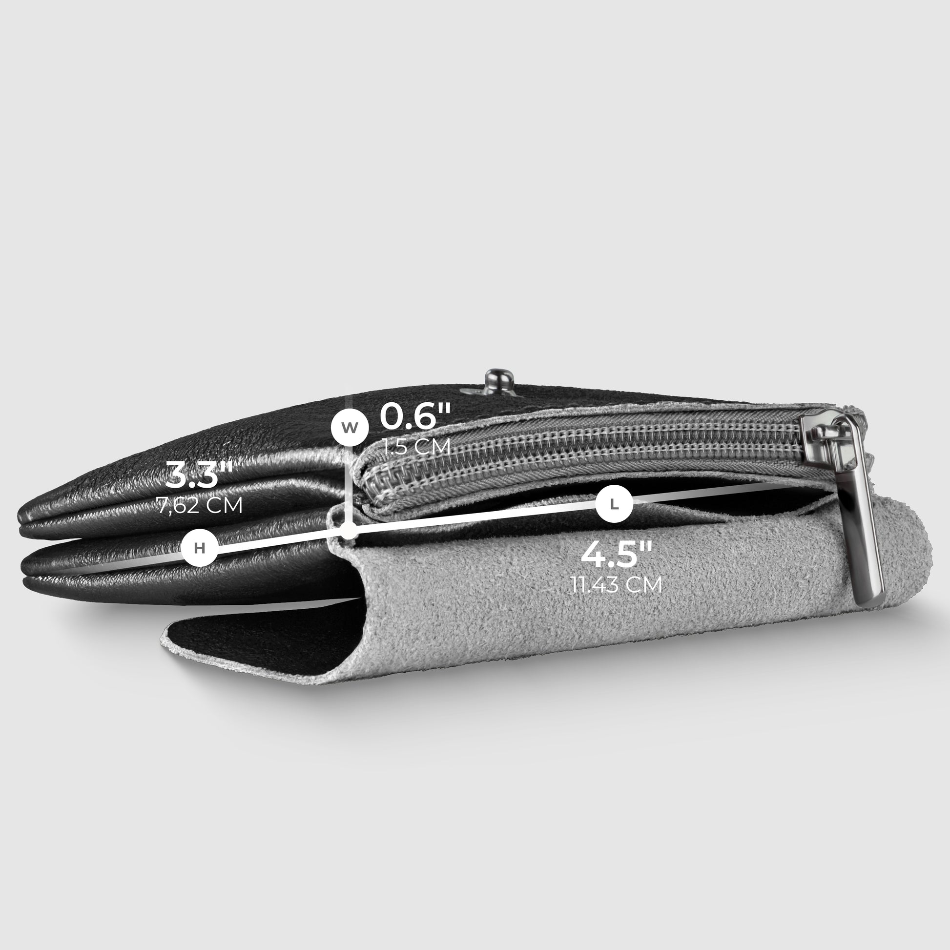 A slim, black and gray Gleam Suede Leather wallet is shown lying flat, with labeled dimensions: 3.3 (8.5 cm) height, 0.6 (1.5 cm) width, and 4.5 (11.43 cm) length against a light gray background—perfect as a compact women's wallet.