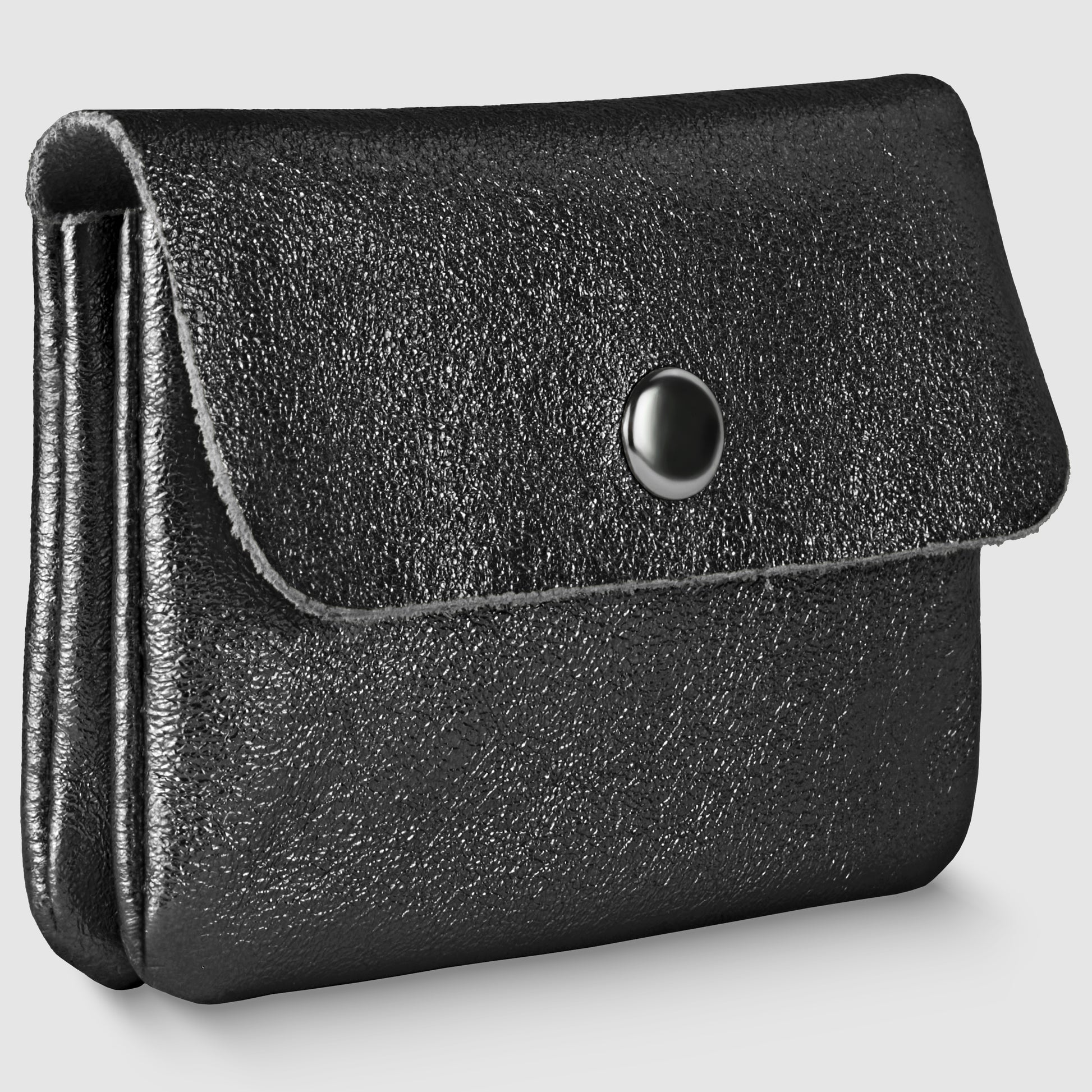 A small, black Gleam Suede Leather wallet with a flap closure secured by a round black snap button, shown against a plain light background.
