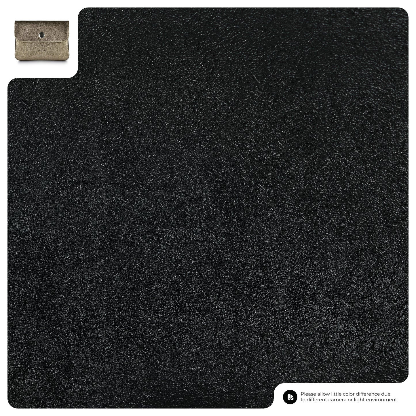 A large metallic black textured surface with a small inset image of a compact women’s wallet in taupe at the top left; note at bottom right mentions color may vary slightly due to lighting or camera differences.