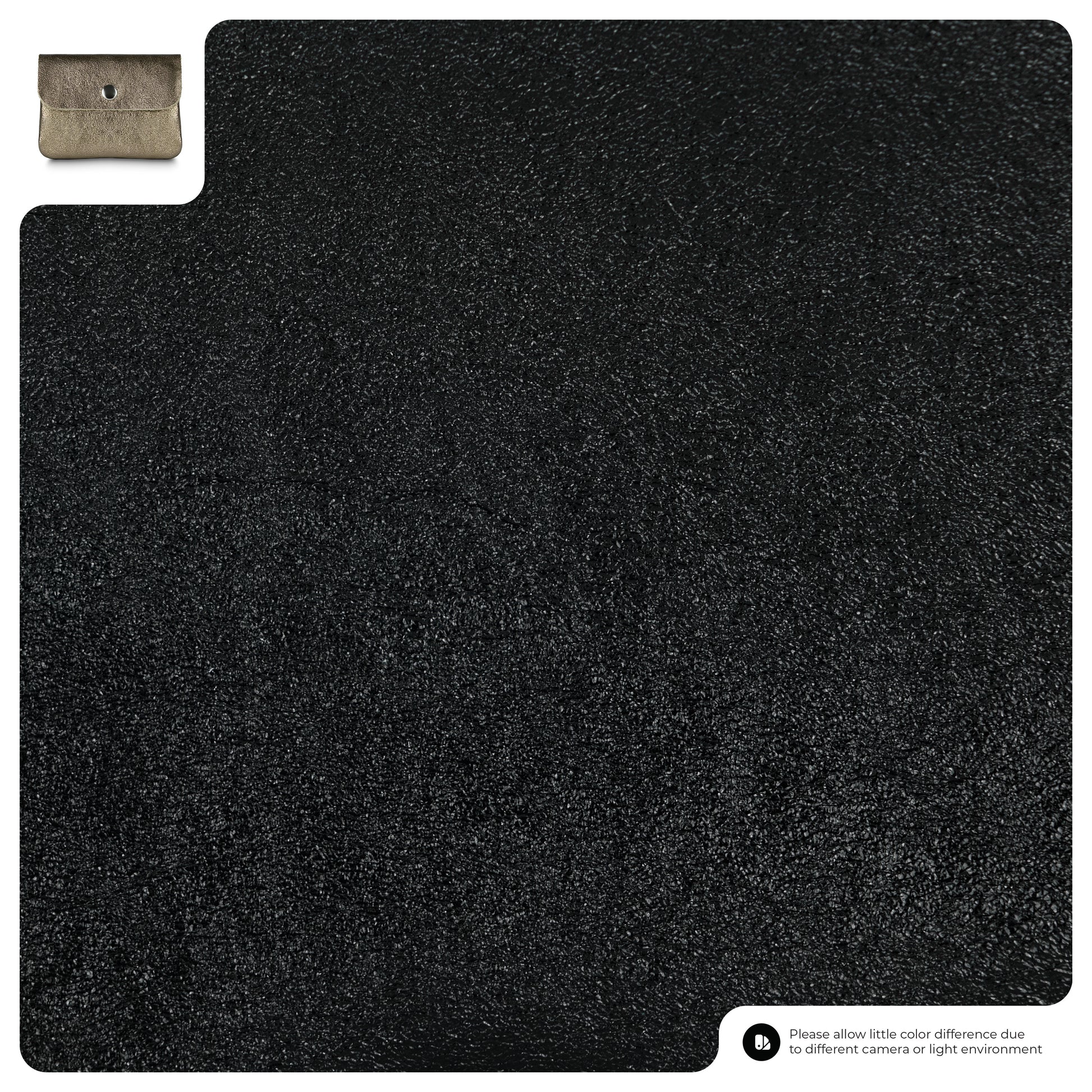 A large metallic black textured surface with a small inset image of a compact women’s wallet in taupe at the top left; note at bottom right mentions color may vary slightly due to lighting or camera differences.