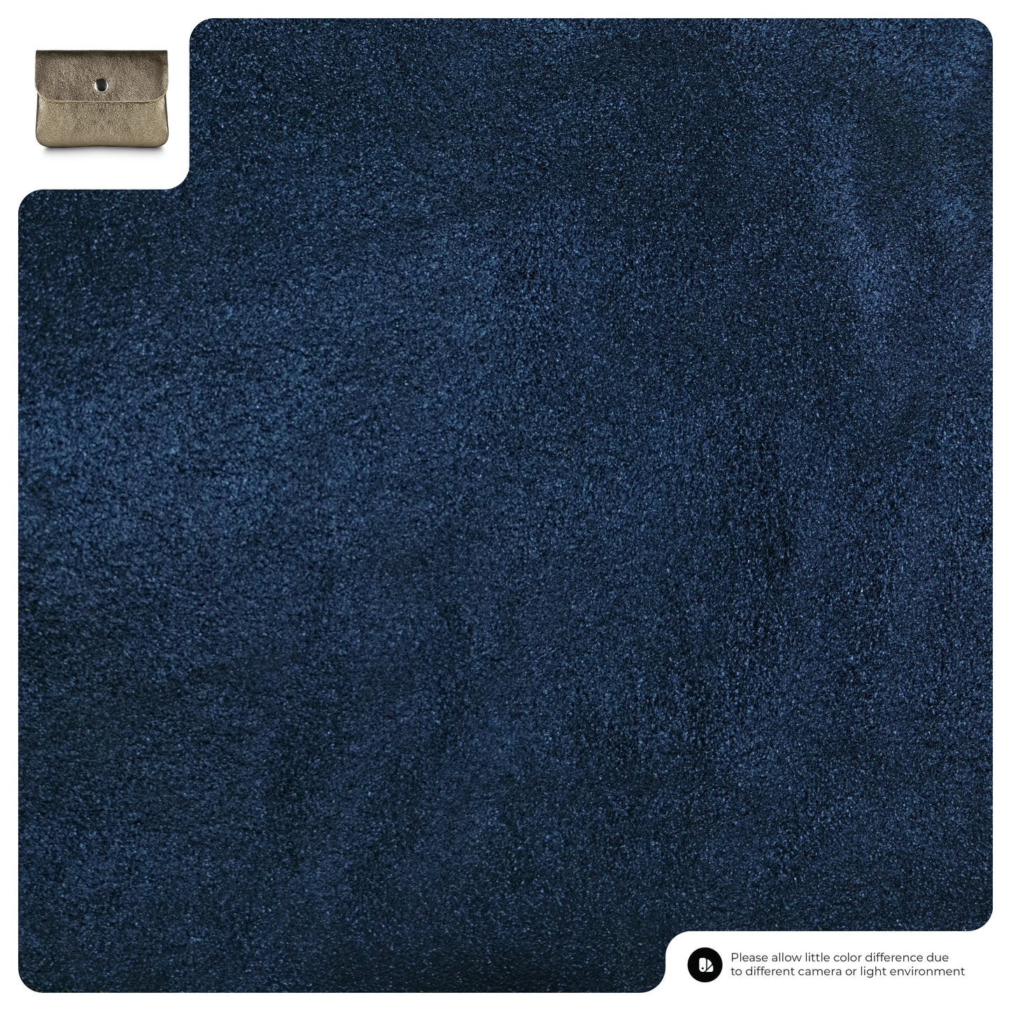 A close-up of a metallic blue textured fabric swatch, featuring a small inset image of a compact women's wallet in beige at the top left and a note about color differences at the bottom right.