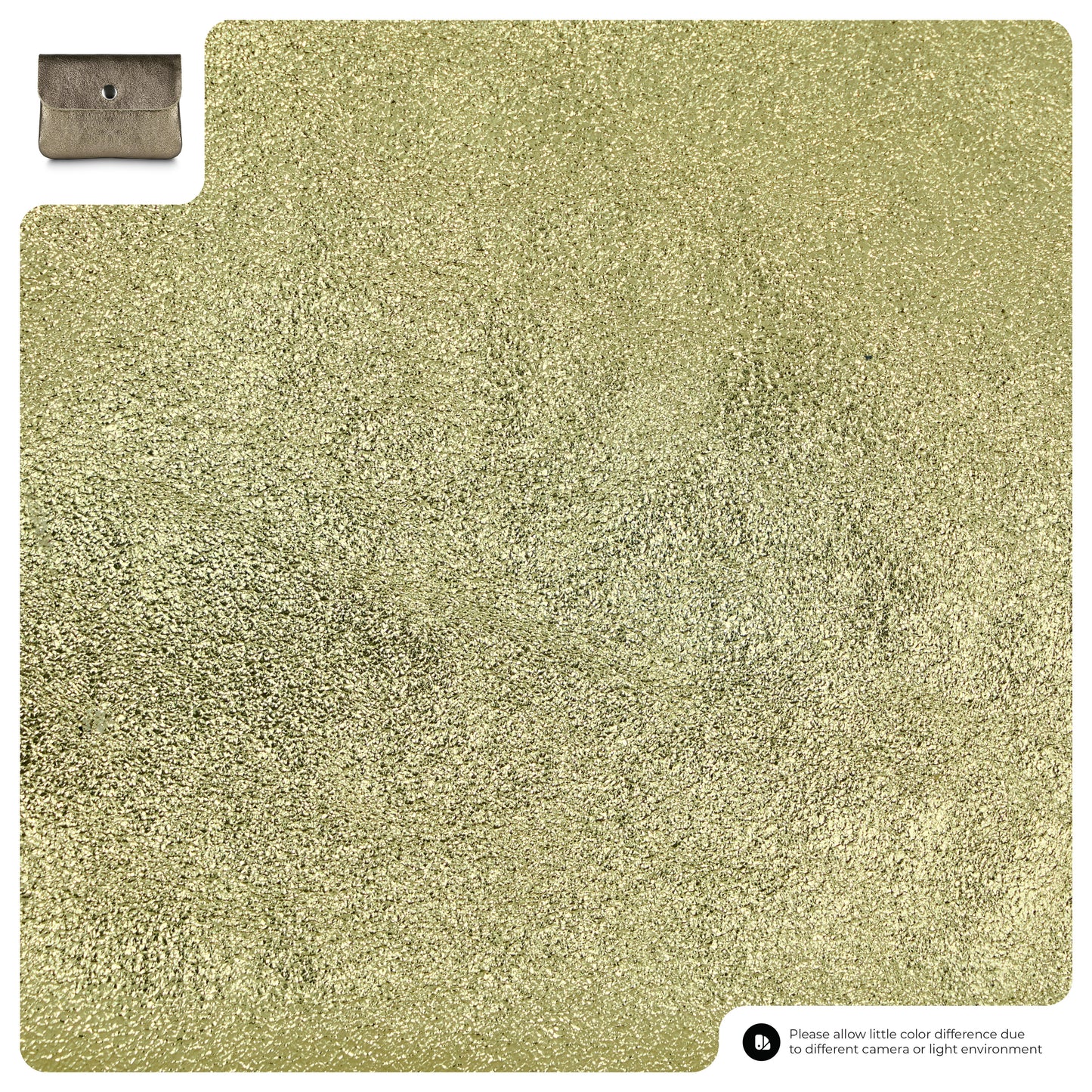 A metallic gold surface fills most of the image, with a small inset photo of a compact women's wallet in the top left. A note about possible color differences appears in the bottom right.