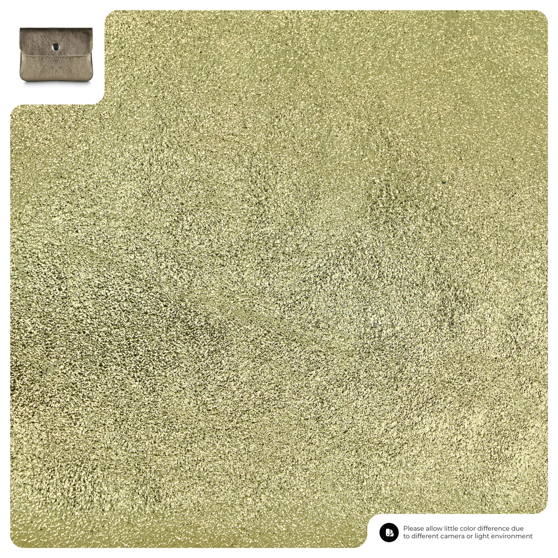 A metallic gold surface fills most of the image, with a small inset photo of a compact women's wallet in the top left. A note about possible color differences appears in the bottom right.