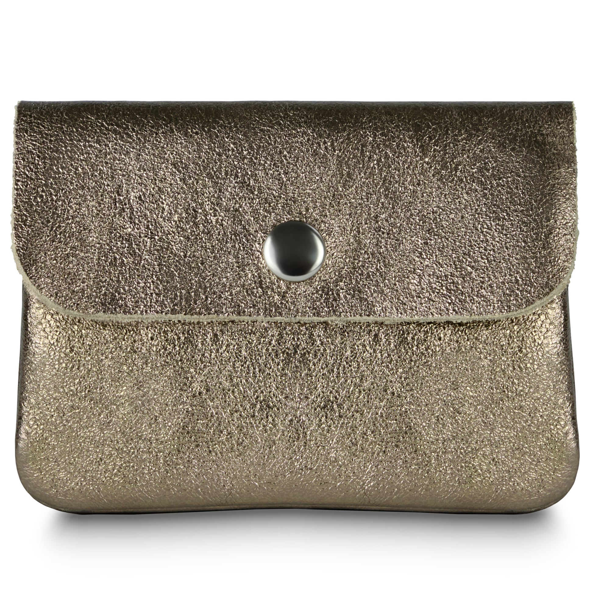 This compact women's wallet in metallic bronze features a textured design with a front flap closure, secured by a round silver button snap—an elegant nod to Italian luxury wallet style.