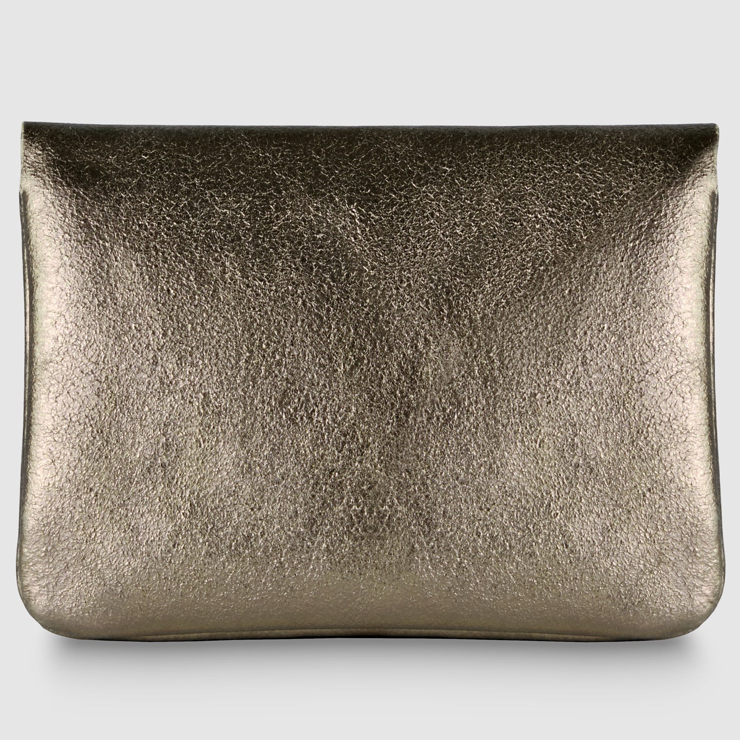 A metallic textured clutch bag with a simple rectangular shape and a fold-over top, inspired by the elegance of an Italian luxury wallet, displayed against a plain light gray background.