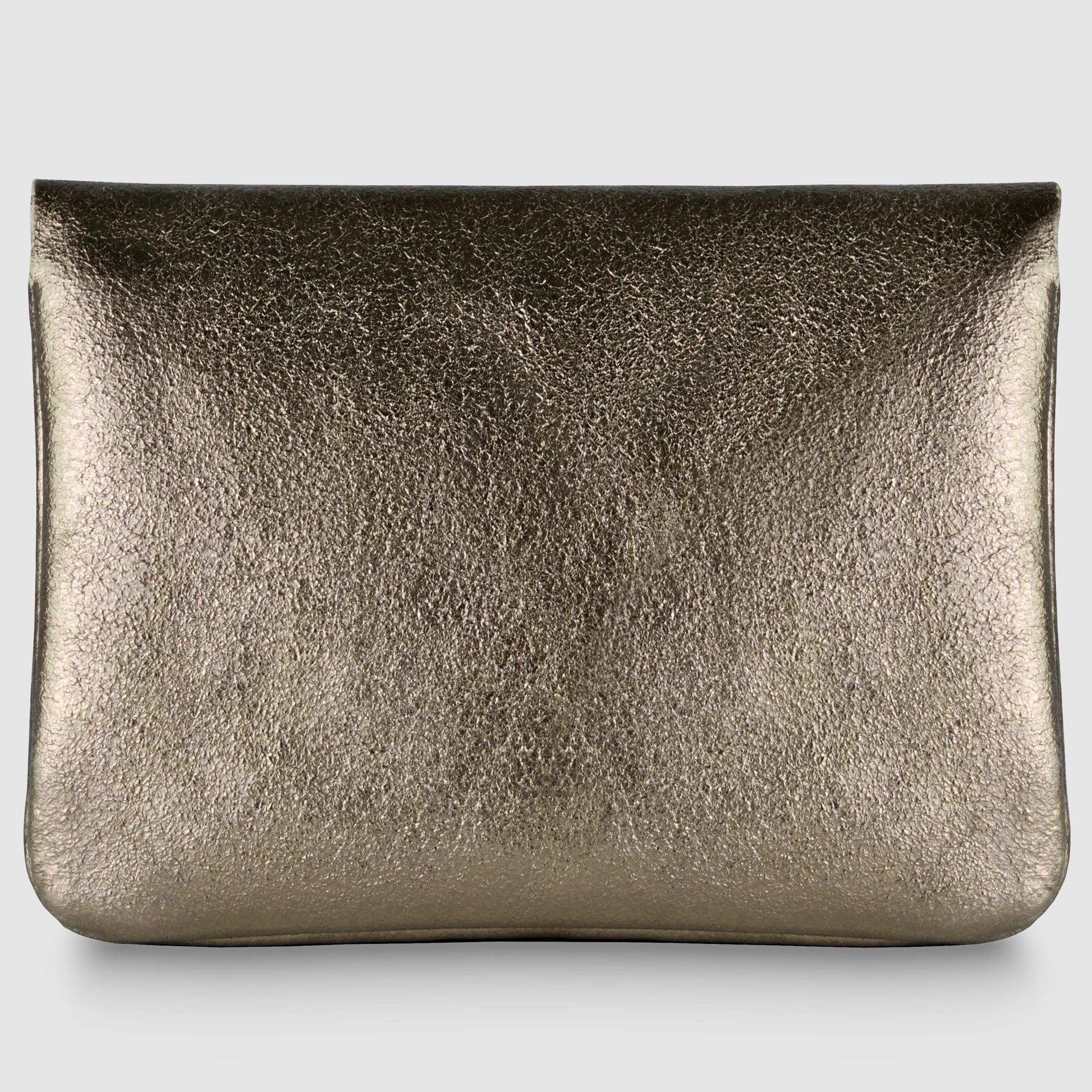 A metallic textured clutch bag with a simple rectangular shape and a fold-over top, inspired by the elegance of an Italian luxury wallet, displayed against a plain light gray background.