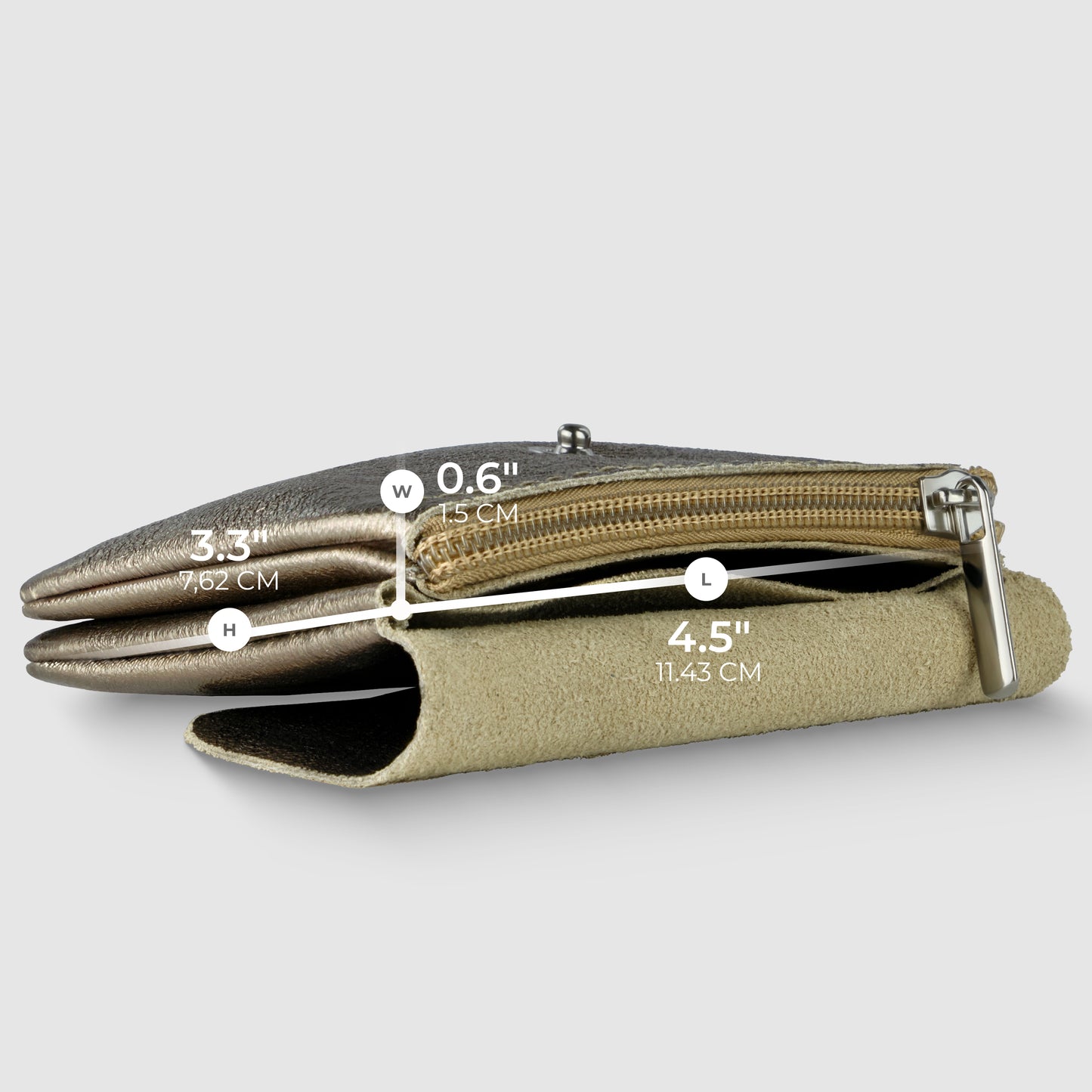 Side view of two stacked leather pouches, including the Gleam Suede Leather wallet—an Italian luxury wallet—with labels showing dimensions: 3.3 (width), 0.6 (height), and 4.5 (length). The top pouch has a zipper and metal clasp.