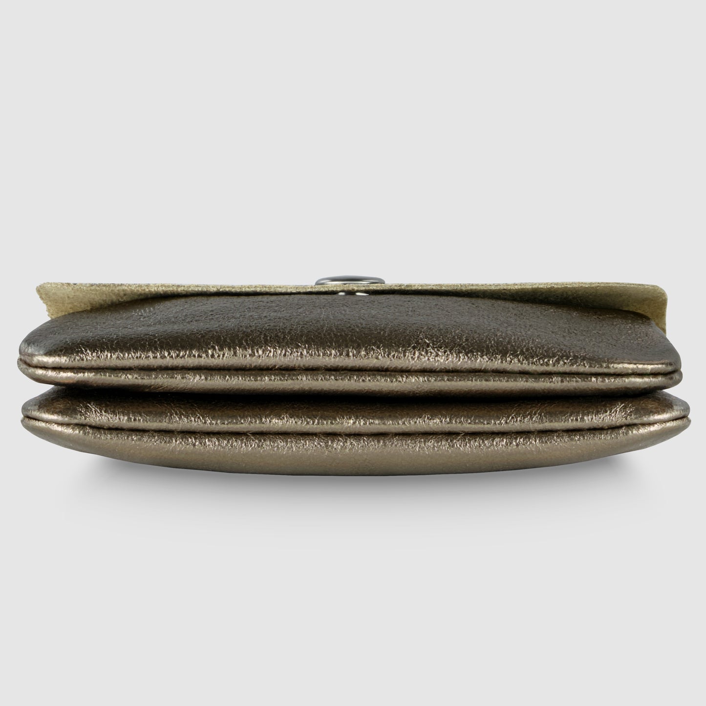 A metallic bronze clutch bag is shown flat against a light gray background, displaying its soft, textured material and fold-over flap with a subtle sheen—echoing the elegance of an Italian luxury wallet.