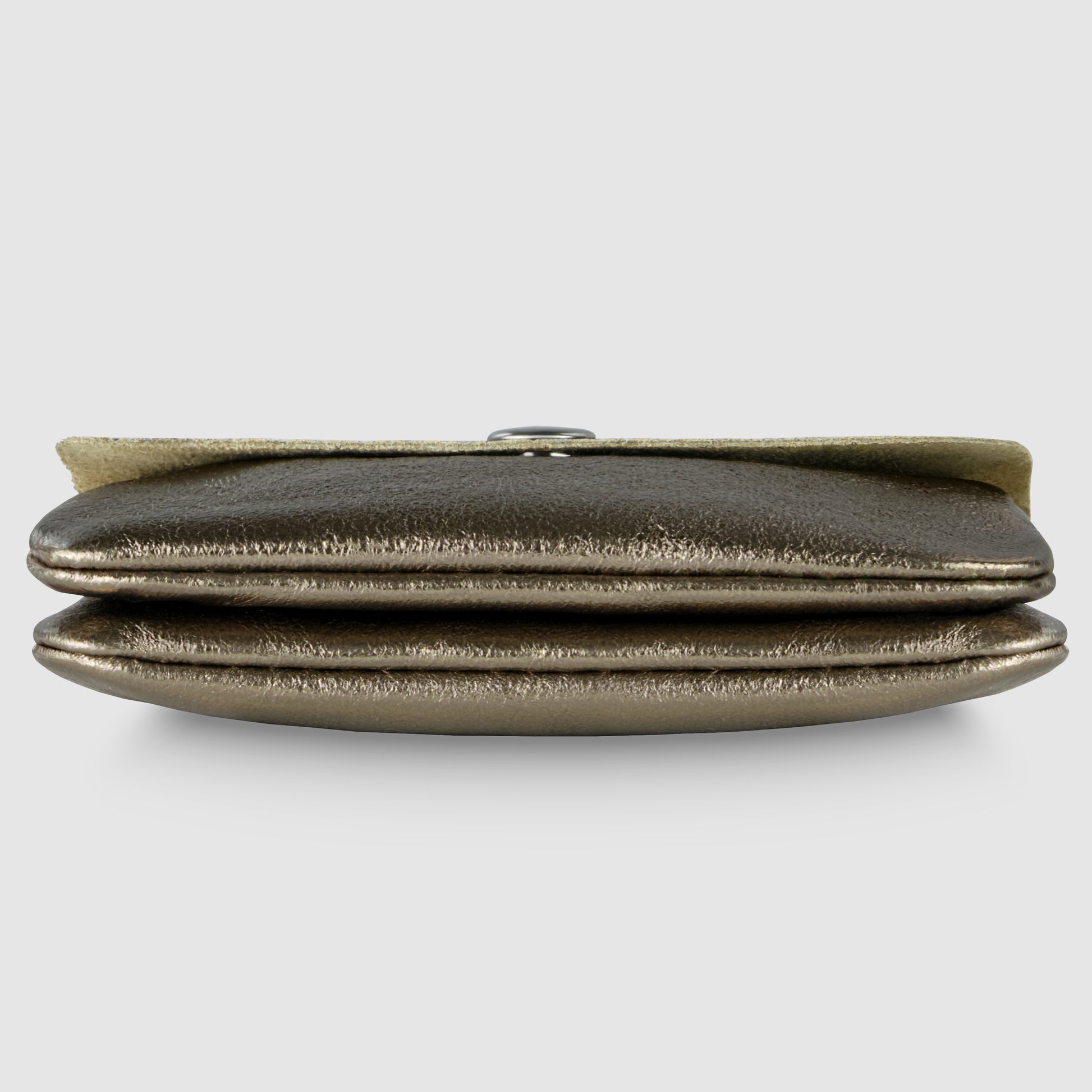 A metallic bronze clutch bag is shown flat against a light gray background, displaying its soft, textured material and fold-over flap with a subtle sheen—echoing the elegance of an Italian luxury wallet.