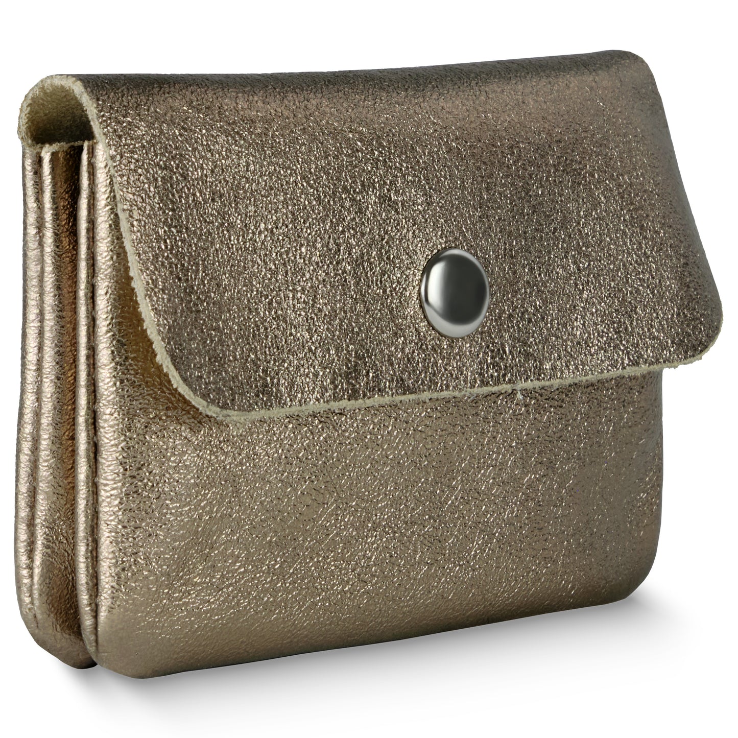 Metallic gold textured leather pouch with a flap and button closure, reminiscent of an Italian luxury wallet, standing upright on a white background.