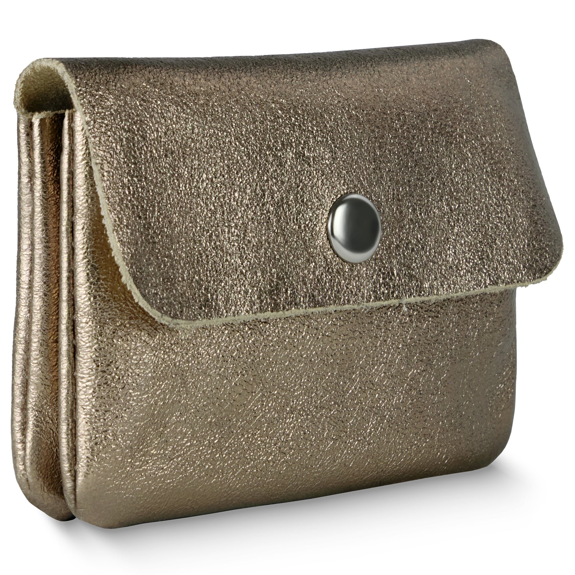 Metallic gold textured leather pouch with a flap and button closure, reminiscent of an Italian luxury wallet, standing upright on a white background.