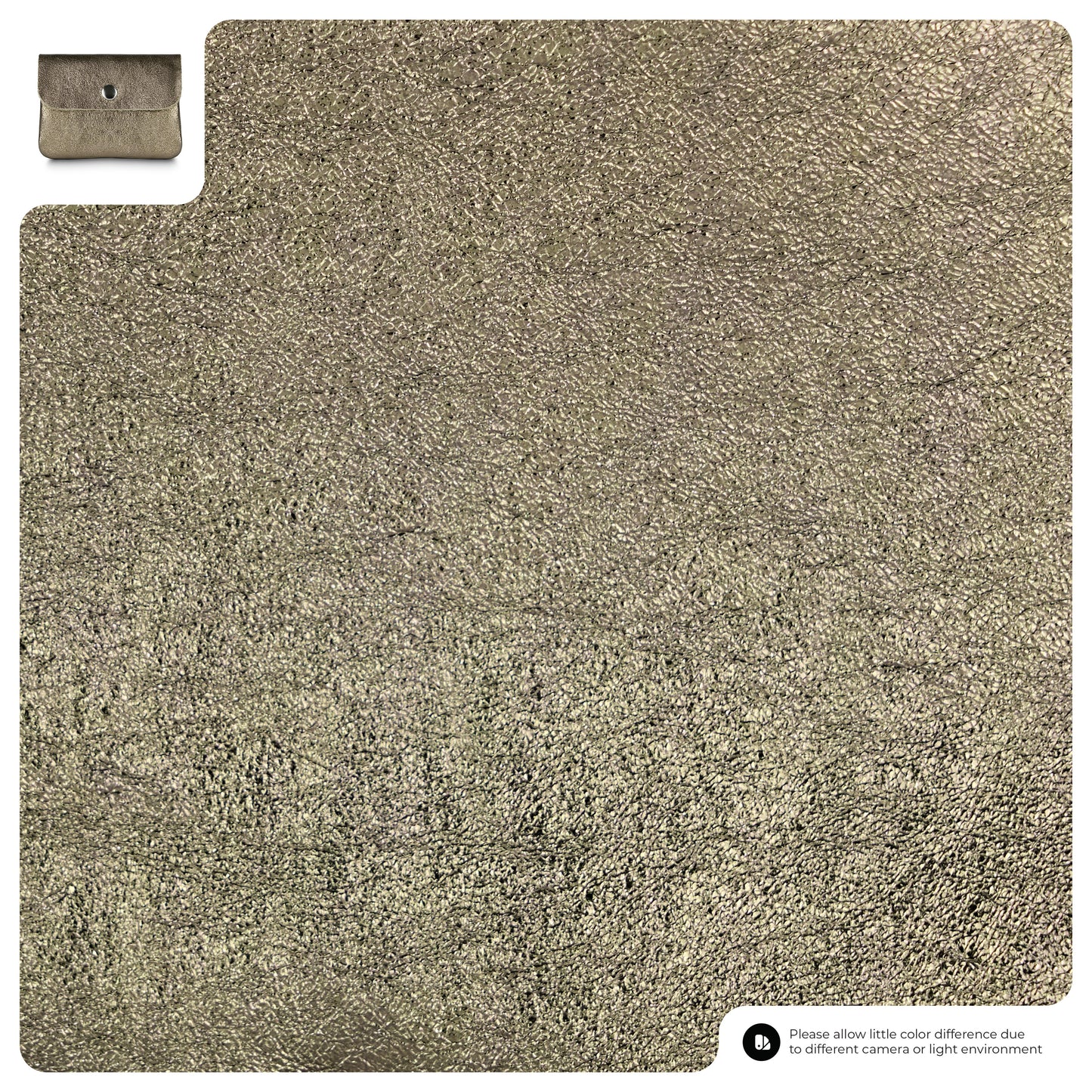 A close-up of textured metallic gold leather material, with a small inset photo of a compact women's wallet in the top left corner. A note at the bottom right mentions slight color differences due to lighting.
