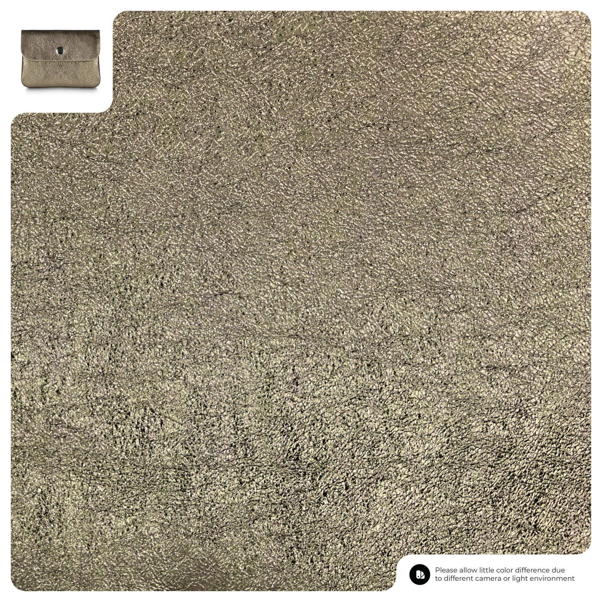 A close-up of textured metallic gold leather material, with a small inset photo of a compact women's wallet in the top left corner. A note at the bottom right mentions slight color differences due to lighting.