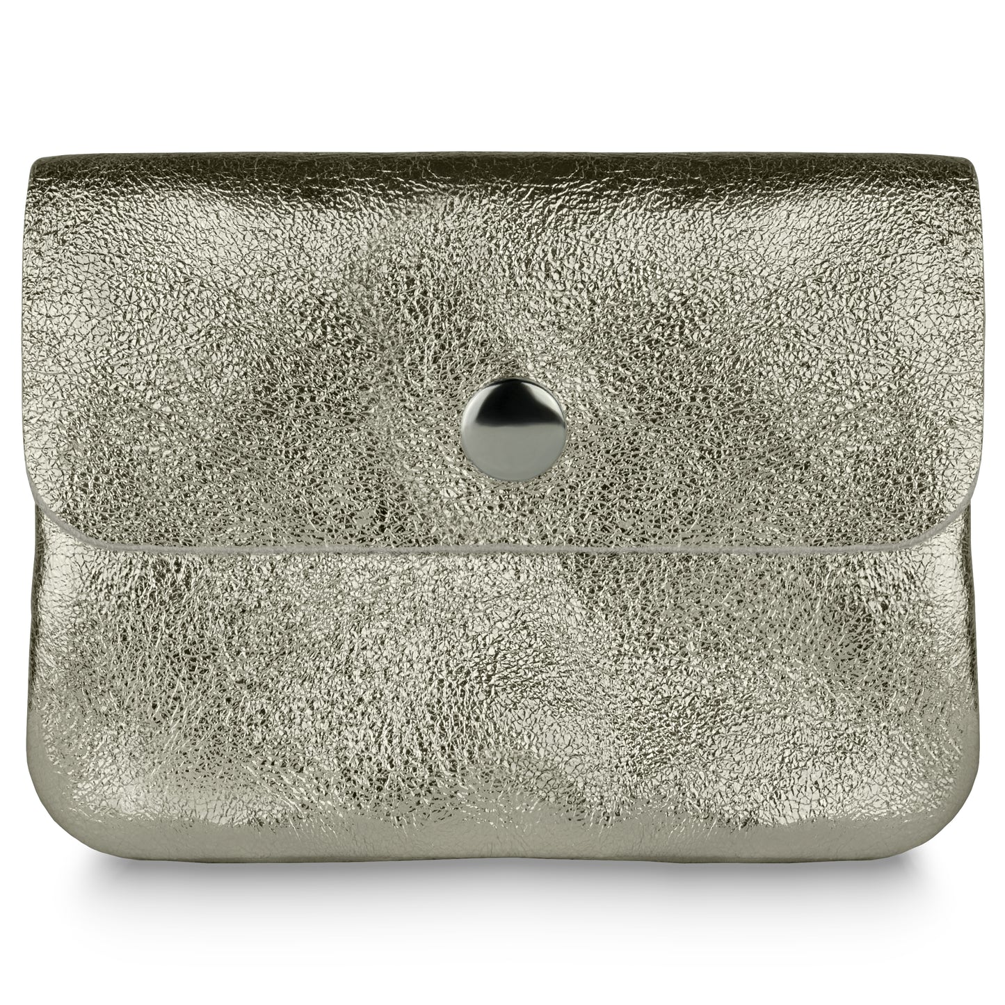 A metallic platinum textured clutch purse inspired by Italian luxury wallet design, featuring a flap closure and a round silver button at the center.