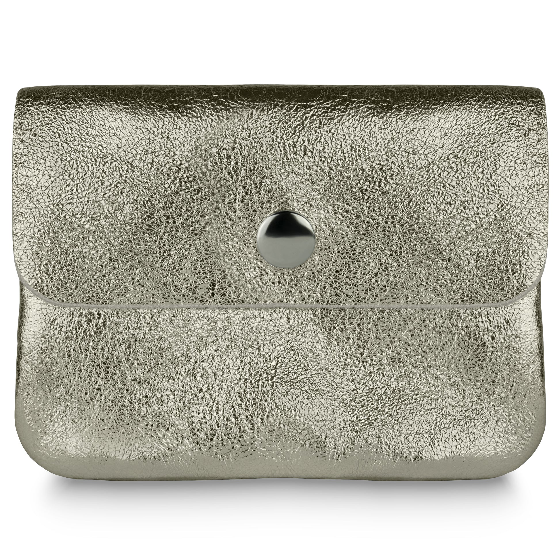 A metallic platinum textured clutch purse inspired by Italian luxury wallet design, featuring a flap closure and a round silver button at the center.
