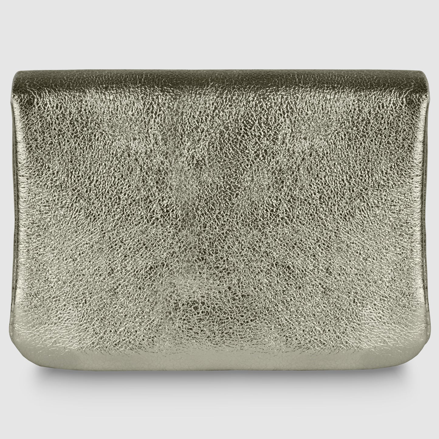 A metallic silver clutch bag crafted from Gleam Suede Leather with a textured, slightly crinkled surface and rectangular shape, embodying quiet luxury against a plain white background.