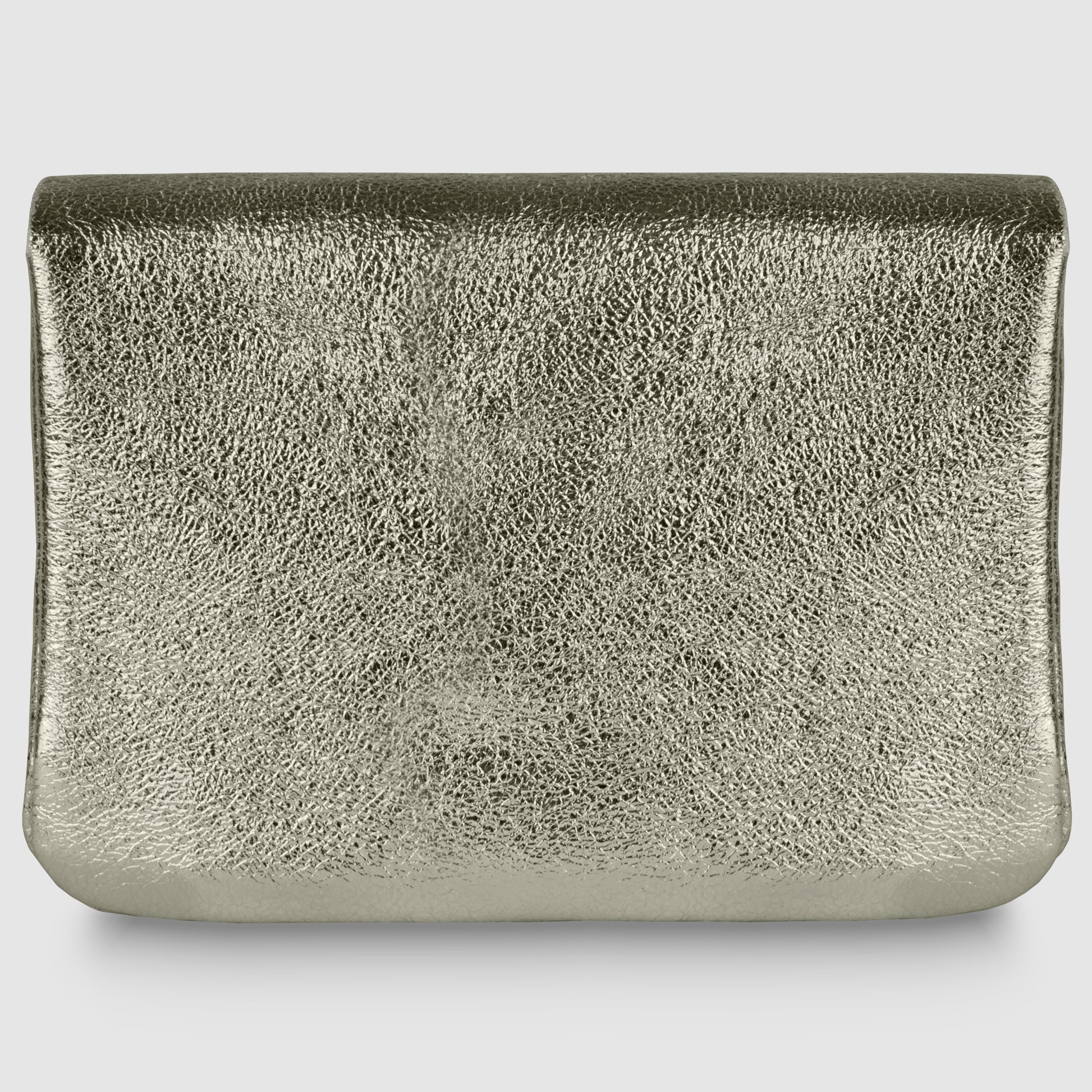 A metallic silver clutch bag crafted from Gleam Suede Leather with a textured, slightly crinkled surface and rectangular shape, embodying quiet luxury against a plain white background.