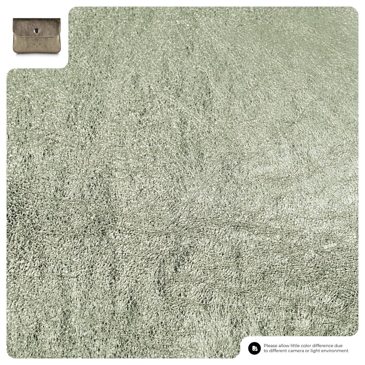 A close-up of Metallic Platinum textured fabric, with a small inset image of a Gleam Suede Leather wallet clutch in the upper left. Text at the bottom notes possible color differences.