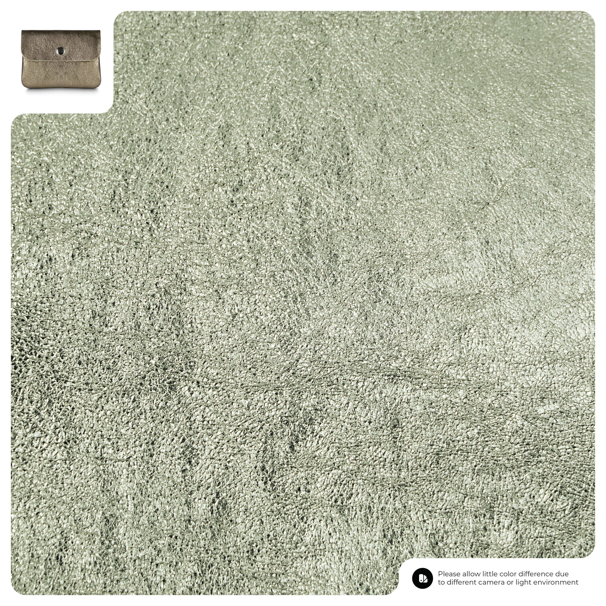 A close-up of Metallic Platinum textured fabric, with a small inset image of a Gleam Suede Leather wallet clutch in the upper left. Text at the bottom notes possible color differences.