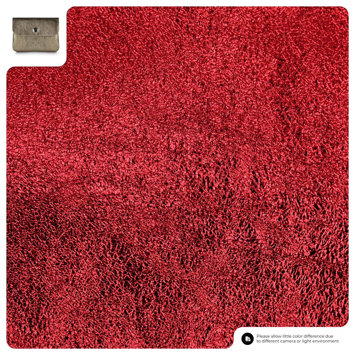 A metallic red material with a shiny, crinkled surface. The top left shows a small image of an Italian luxury wallet. A note below states colors may vary due to lighting or camera differences.