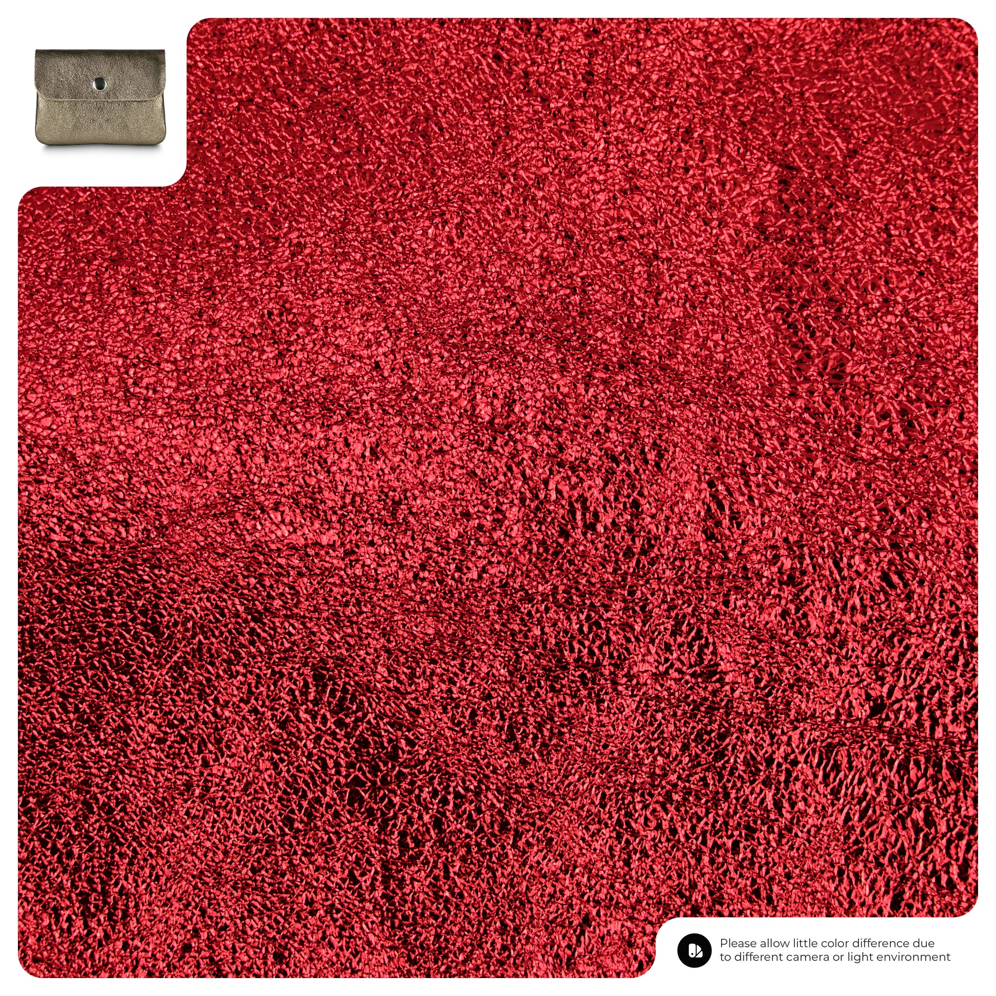 A metallic red material with a shiny, crinkled surface. The top left shows a small image of an Italian luxury wallet. A note below states colors may vary due to lighting or camera differences.