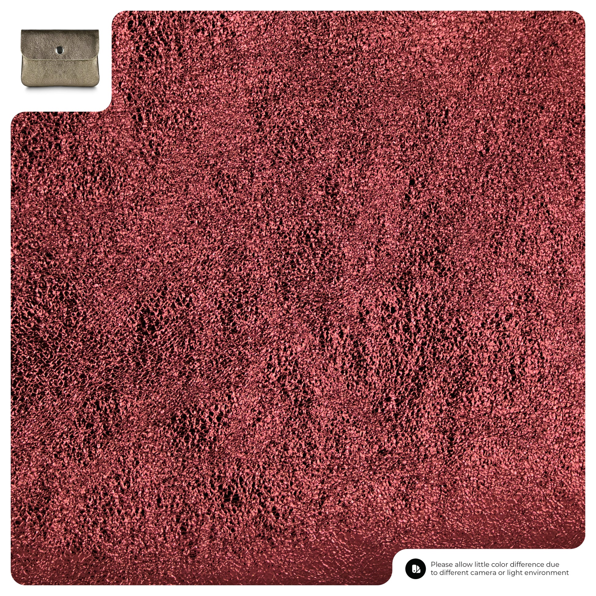 A textured surface in metallic brick, with a small inset photo of a Gleam Suede Leather wallet in the top left corner. Text at the bottom notes color variation due to camera or lighting conditions.