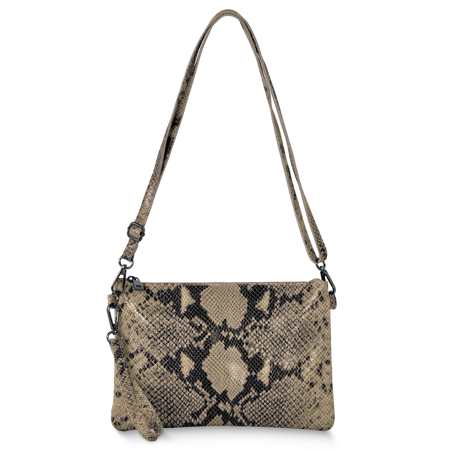 A rectangular crossbody wristlet with a beige and black snakeskin pattern, this Italian handcrafted bag features a matching detachable wrist strap and a long shoulder strap.