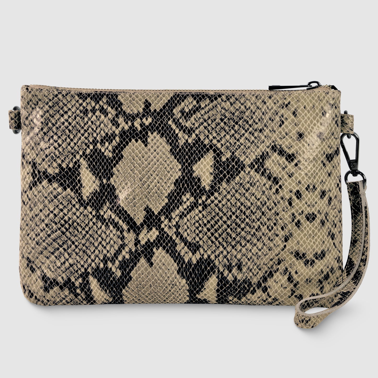 A rectangular clutch purse with a black and beige snakeskin pattern, inspired by a python suede bag, features a detachable wrist strap and zippered top, displayed against a light gray background.