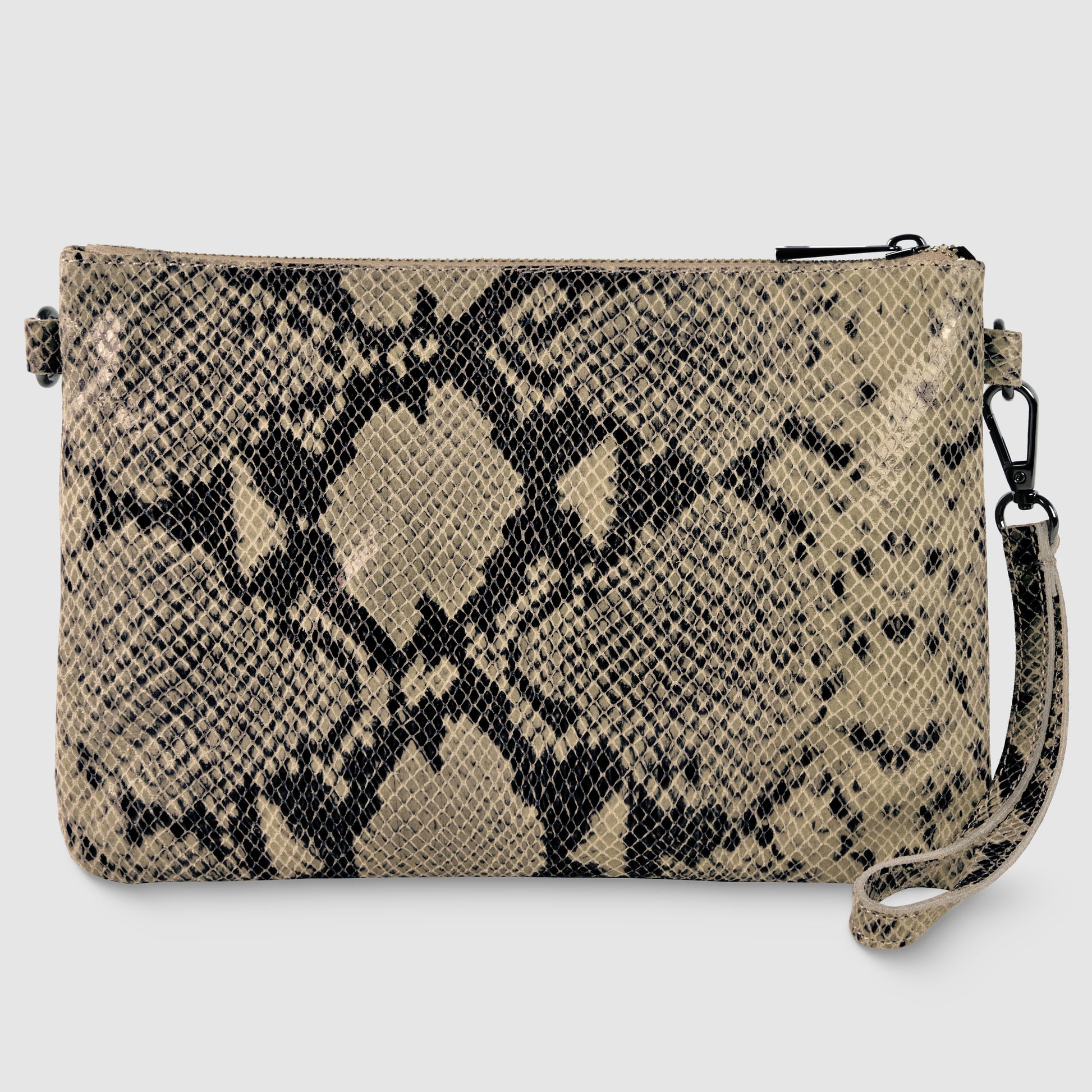 A rectangular clutch purse with a black and beige snakeskin pattern, inspired by a python suede bag, features a detachable wrist strap and zippered top, displayed against a light gray background.