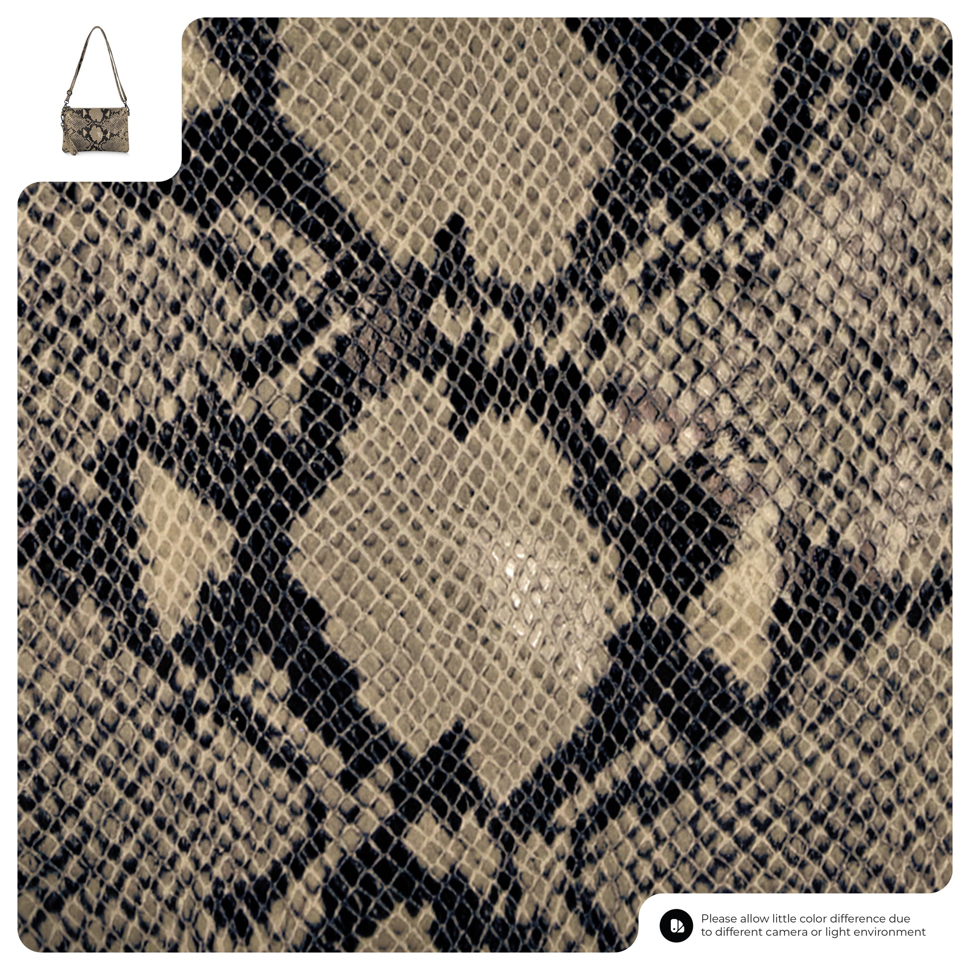 Close-up of an Italian handcrafted bag with a brown and black snakeskin pattern, highlighting the detailed texture and scale design. A small inset shows the full crossbody wristlet with a chain strap in the top left corner.