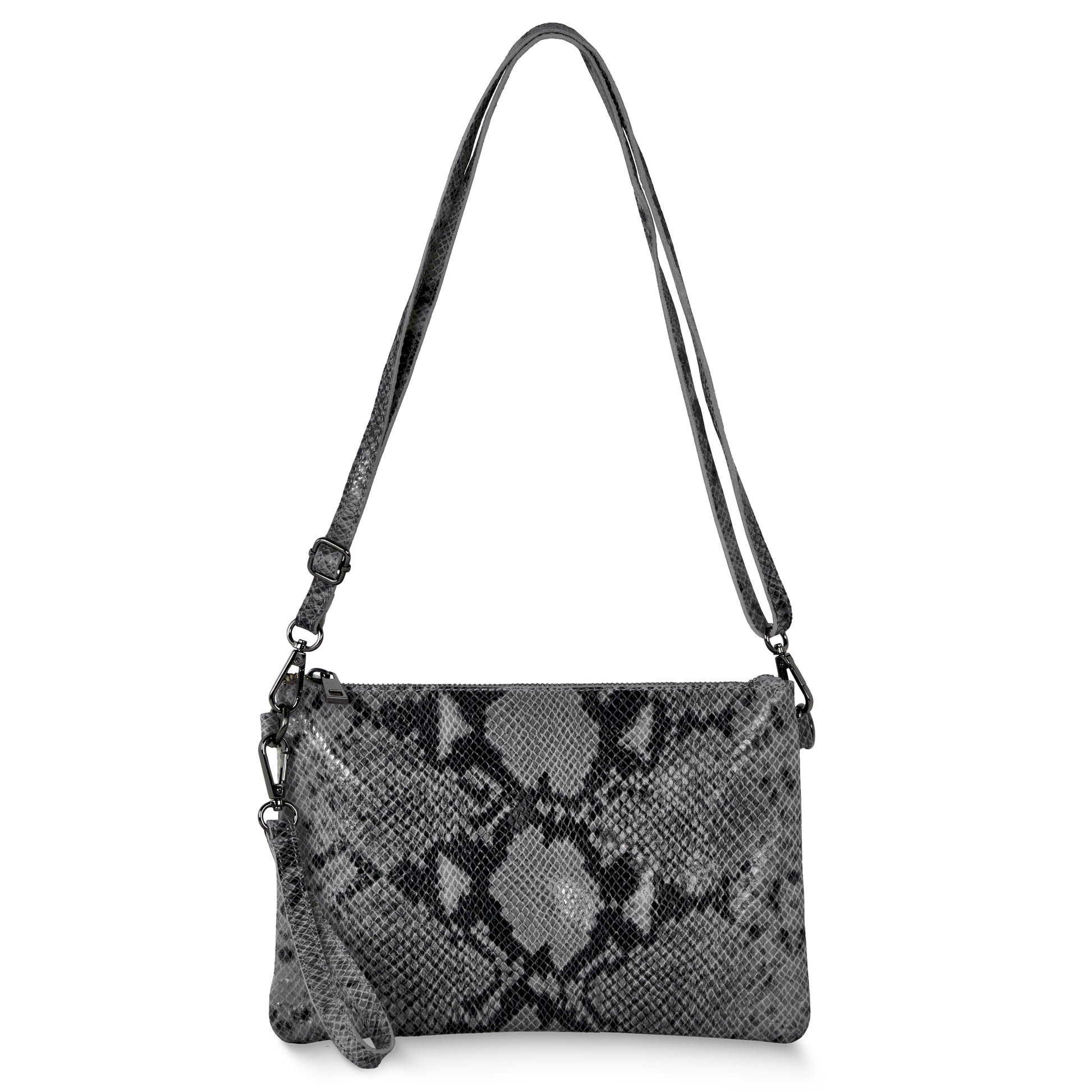 A gray faux snakeskin crossbody wristlet bag with an adjustable shoulder strap and a detachable wristlet strap, displayed upright against a white background.