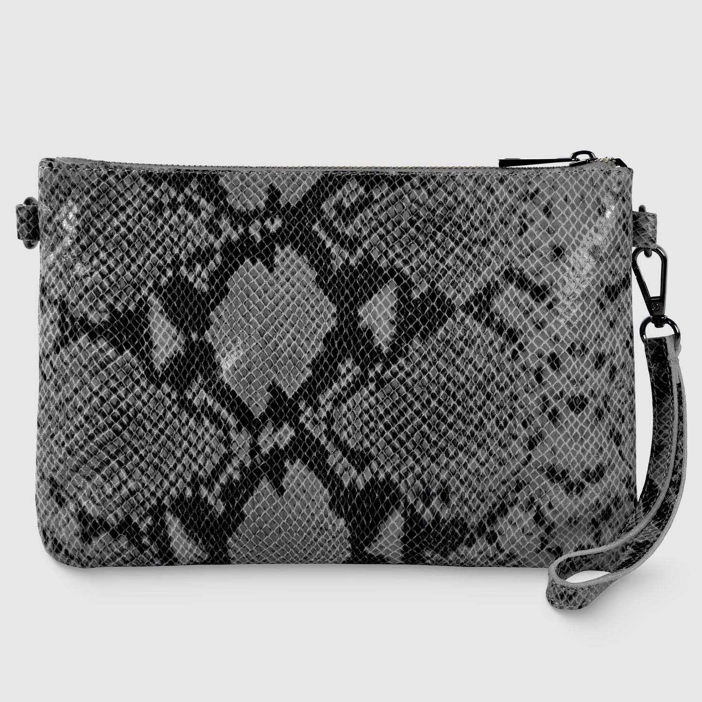 A rectangular python suede bag with a black and gray snakeskin pattern, featuring a detachable wrist strap and zipper closure, displayed on a light gray background.