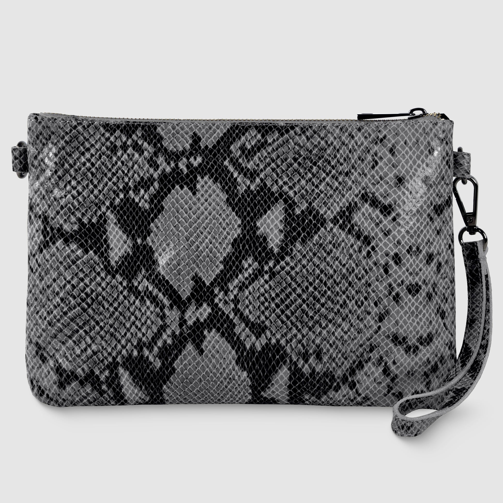 A rectangular python suede bag with a black and gray snakeskin pattern, featuring a detachable wrist strap and zipper closure, displayed on a light gray background.