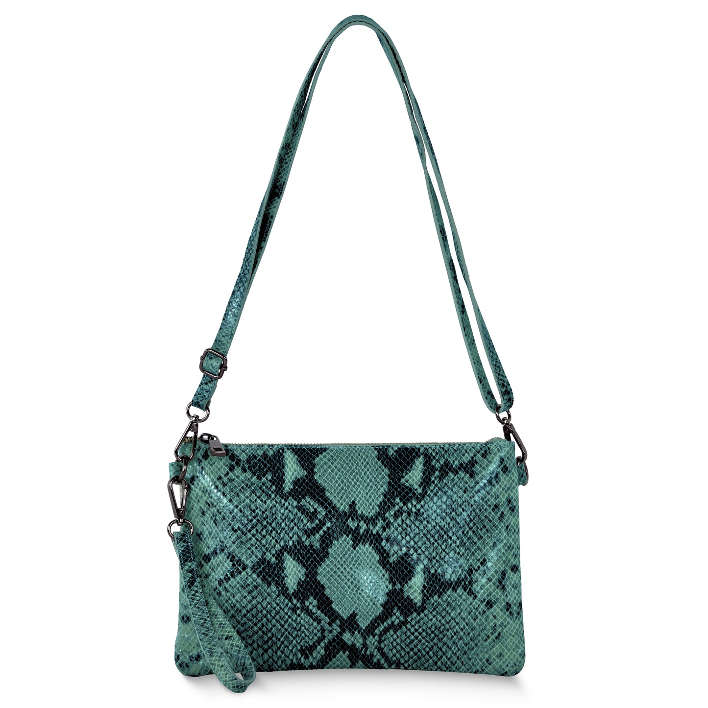 A teal python suede bag with silver hardware and an adjustable strap is displayed against a white background, showcasing the elegance of an Italian handcrafted bag.