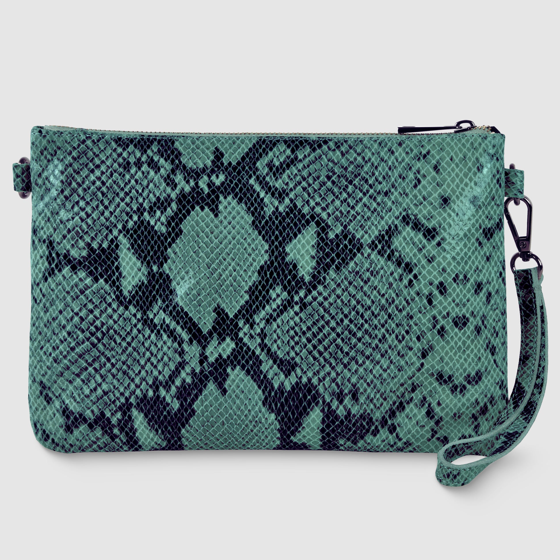 A rectangular clutch purse with a green and black snakeskin pattern, this Italian handcrafted bag features a detachable wrist strap and a black zipper closure.