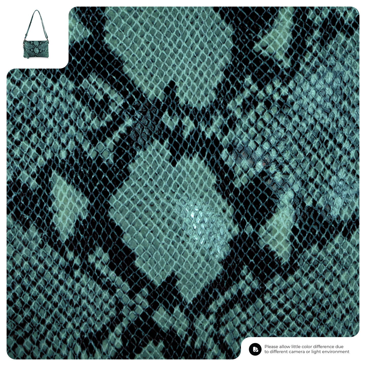 Close-up of a dark green and black snake-skin pattern with diamond shapes, used as the texture for an Italian handcrafted bag shown in the upper left corner. Text at the bottom notes possible color differences due to lighting.