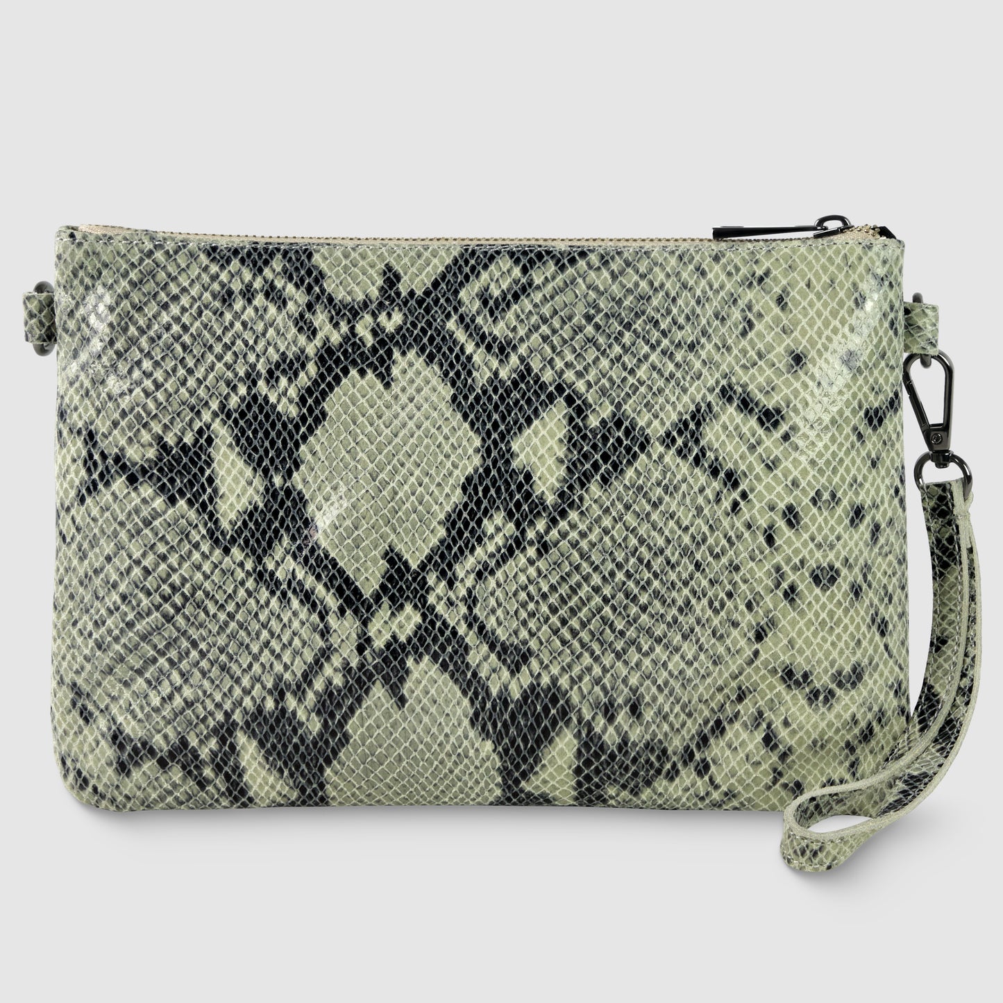 A rectangular clutch purse with a gray and black snakeskin pattern, this Italian handcrafted bag features a detachable wrist strap and top zipper closure, displayed on a plain light background.