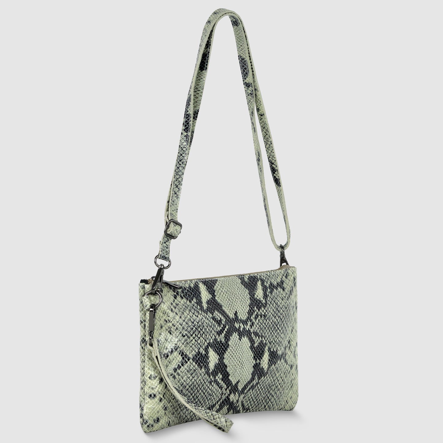 A small crossbody wristlet with a gray and black snakeskin pattern, featuring a detachable shoulder strap and wrist strap, crafted in the style of an Italian handcrafted bag against a plain light background.