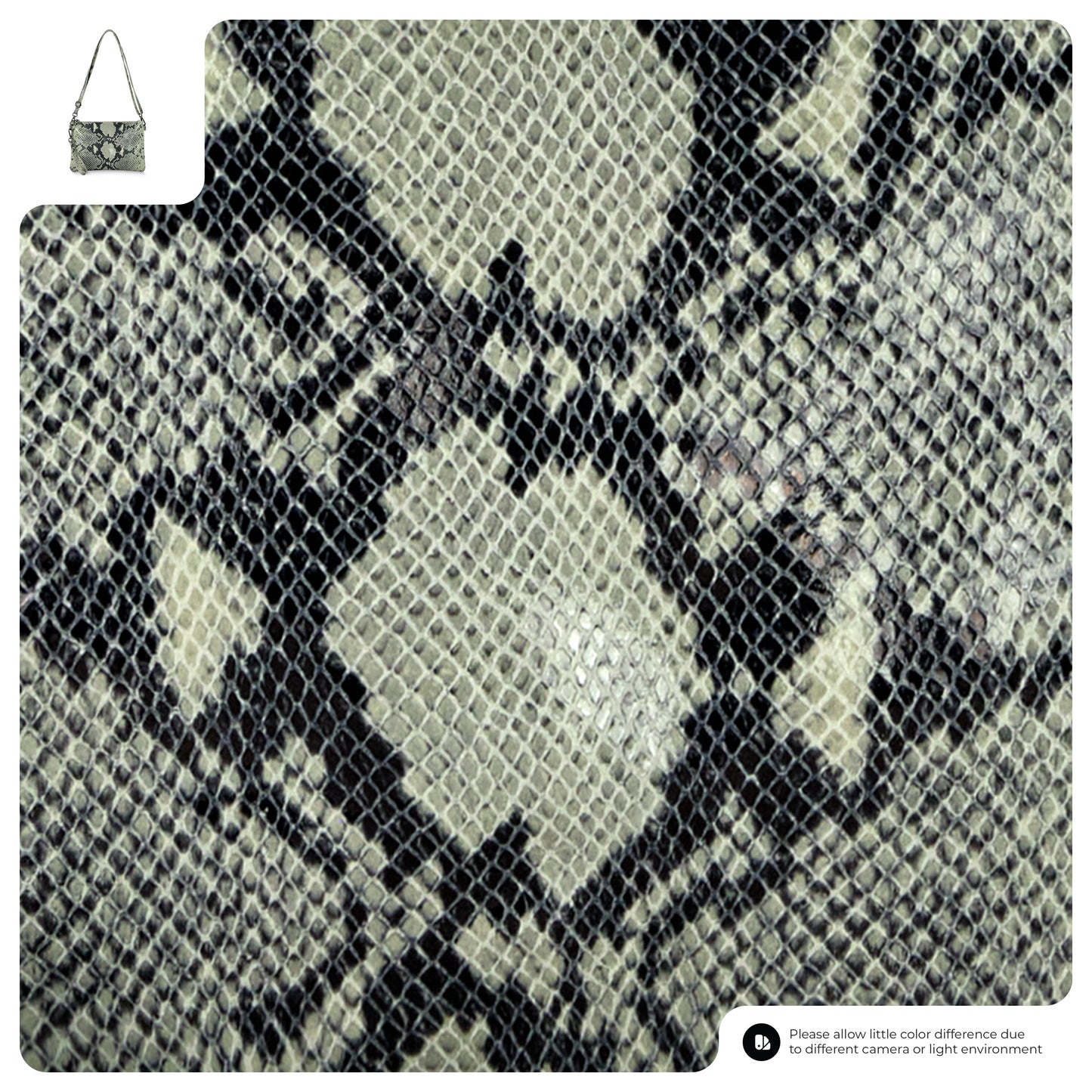 Close-up of a python suede bag in shades of black, gray, and cream, with a small image of an Italian handcrafted crossbody wristlet made from the same material in the top left corner. Text and icons appear in the bottom right.