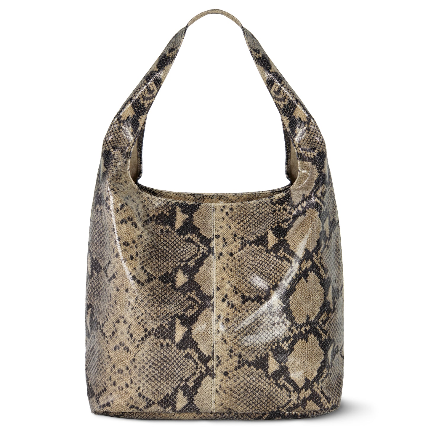 A large, structured embossed snake skin bag with a single wide strap in Python Taupe, featuring a glossy finish and snakeskin pattern.