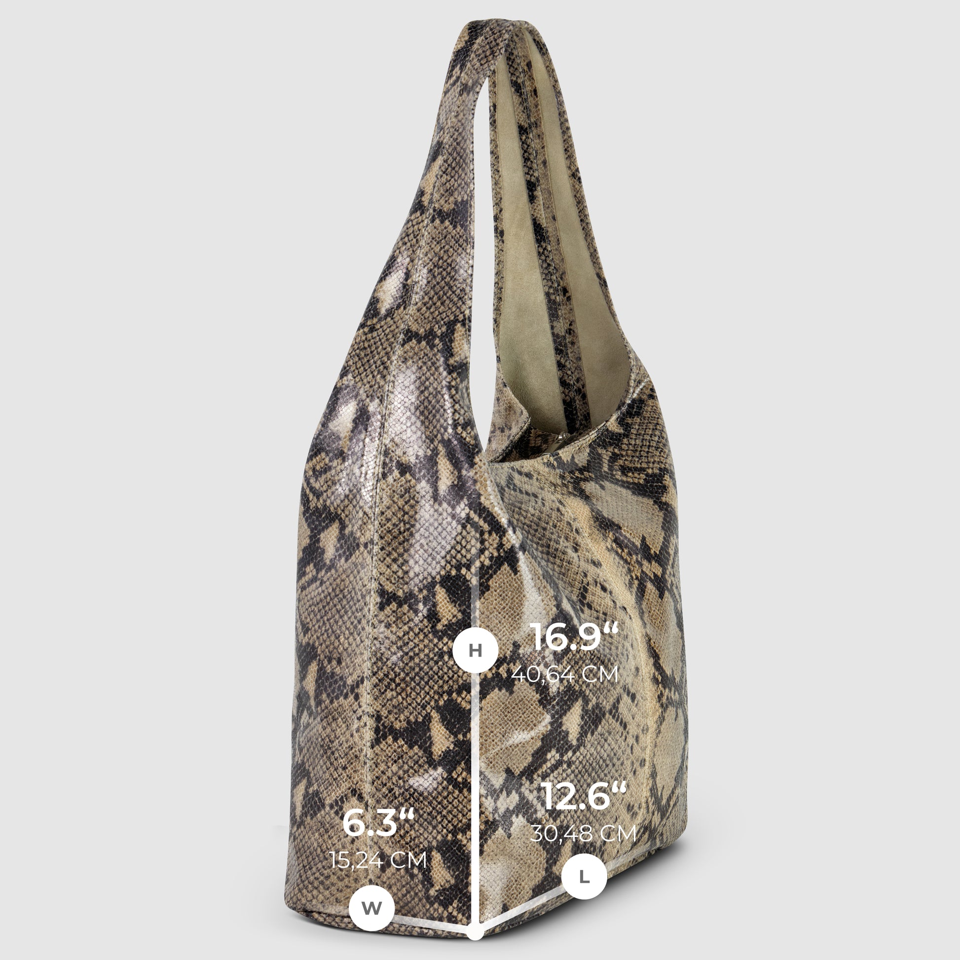 A large python embossed leather bag with a single wide strap is shown at an angle. Text indicates its dimensions: height 16.9, width 6.3, length 12.6. The background is light gray.