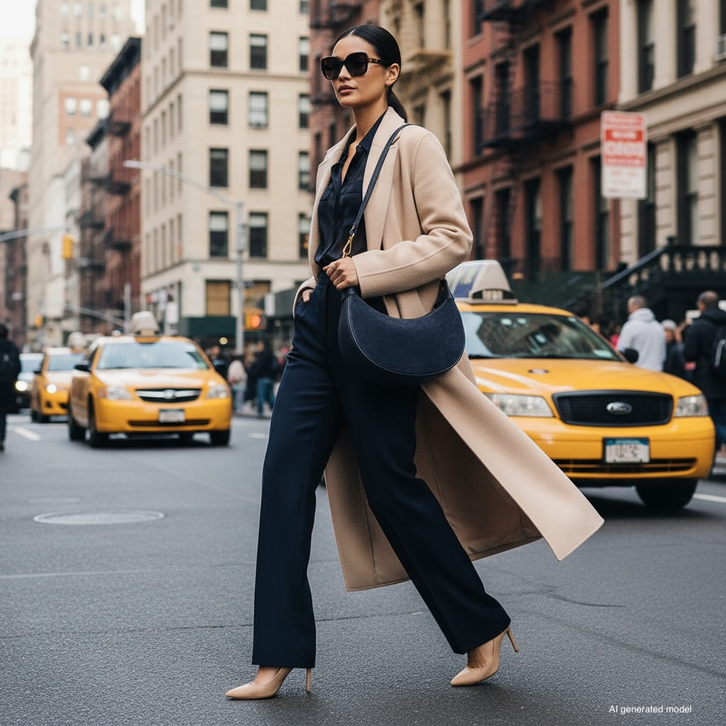 A stylish woman in sunglasses, a beige coat, and navy outfit walks confidently across a city street, carrying an Italian leather bag, with yellow taxis and tall buildings in the background.