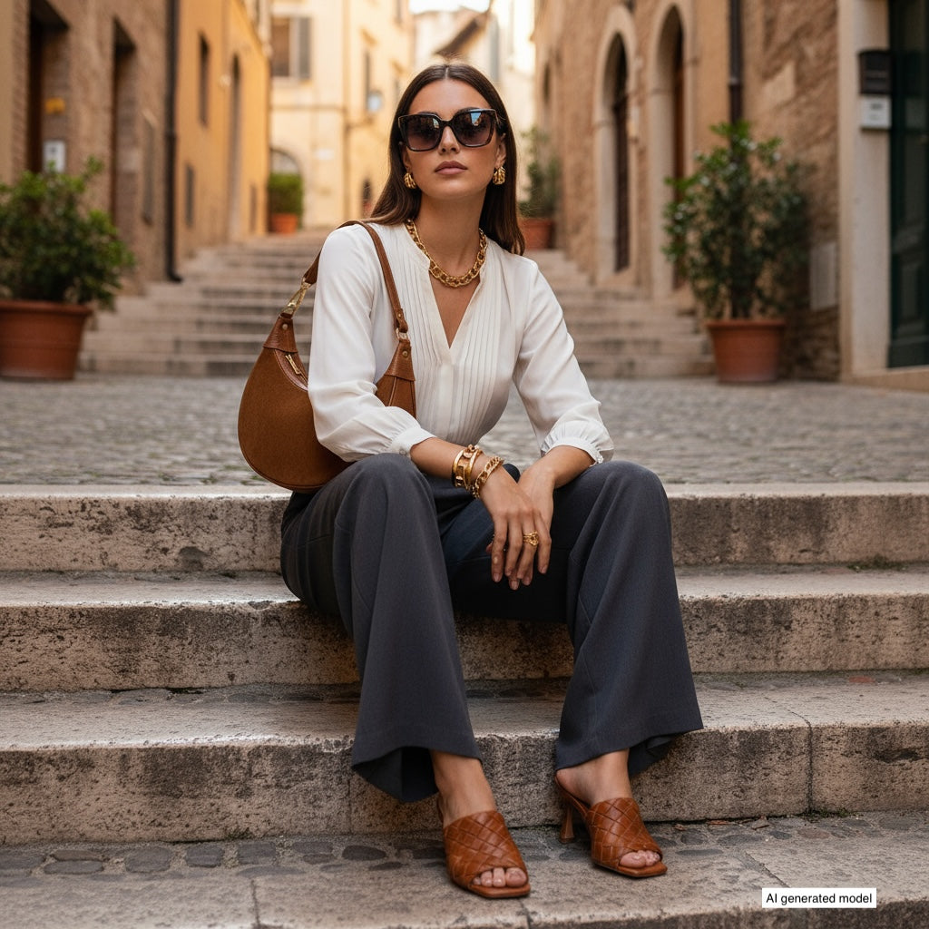 A woman wearing sunglasses, a white blouse, dark trousers, and brown heels sits on stone steps with an Italian leather bag in a stylish, urban outdoor setting surrounded by potted plants and old buildings.